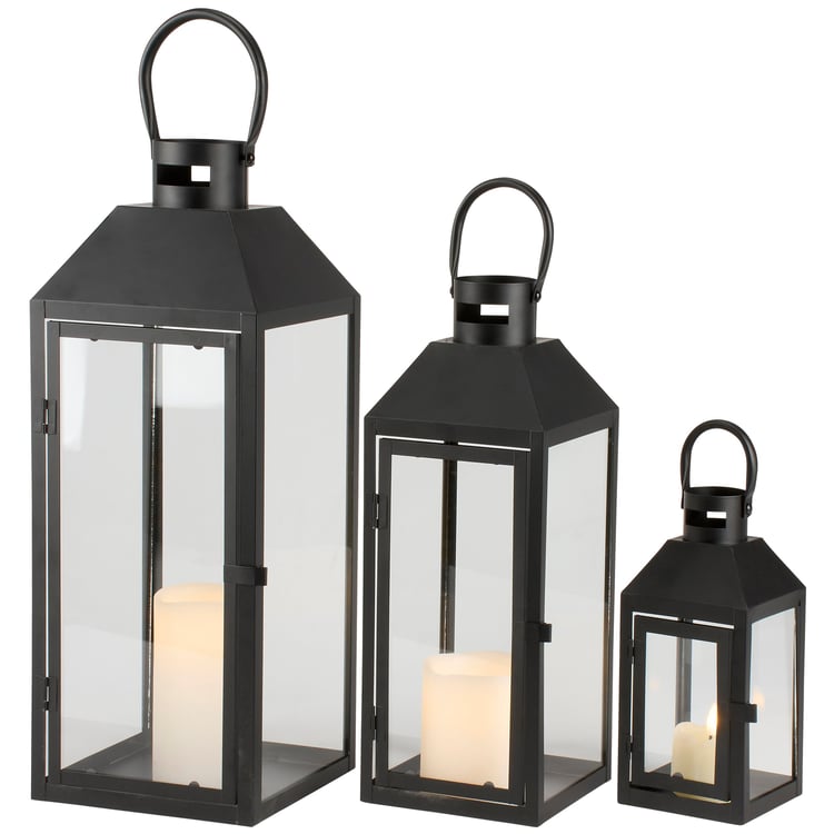 Rustic Black Metal & Glass Lantern Set - 3 Piece Decorative Home Accents