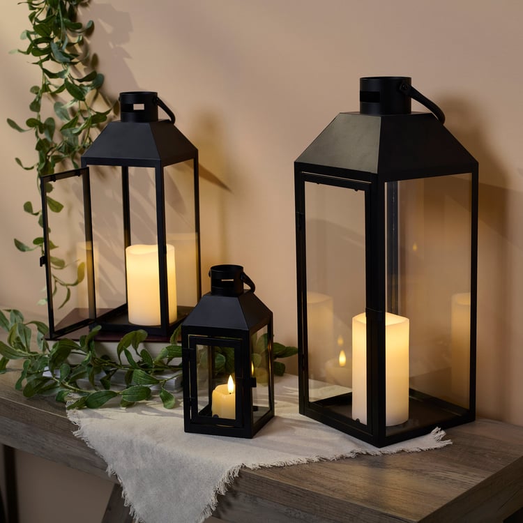 Rustic Black Metal & Glass Lantern Set - 3 Piece Decorative Home Accents