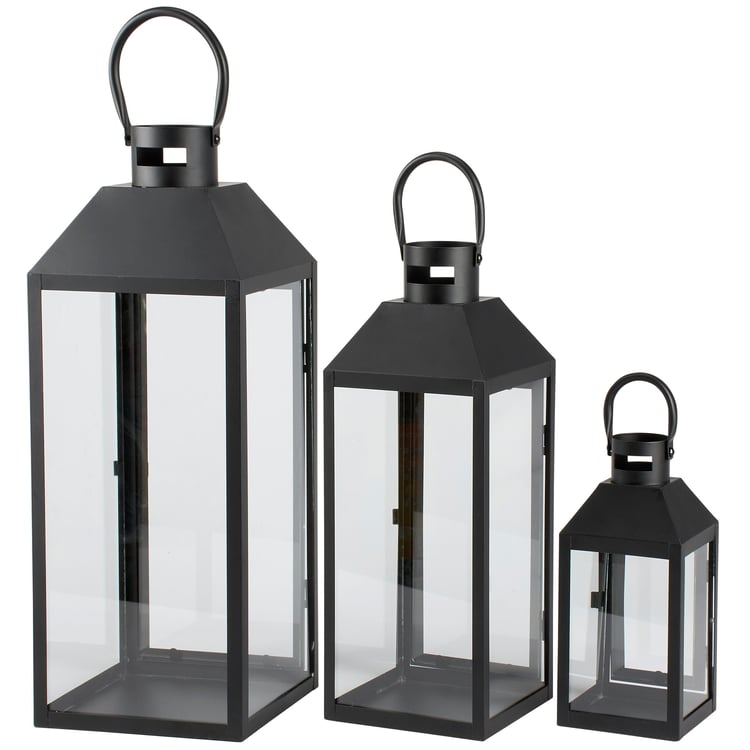 Rustic Black Metal & Glass Lantern Set - 3 Piece Decorative Home Accents