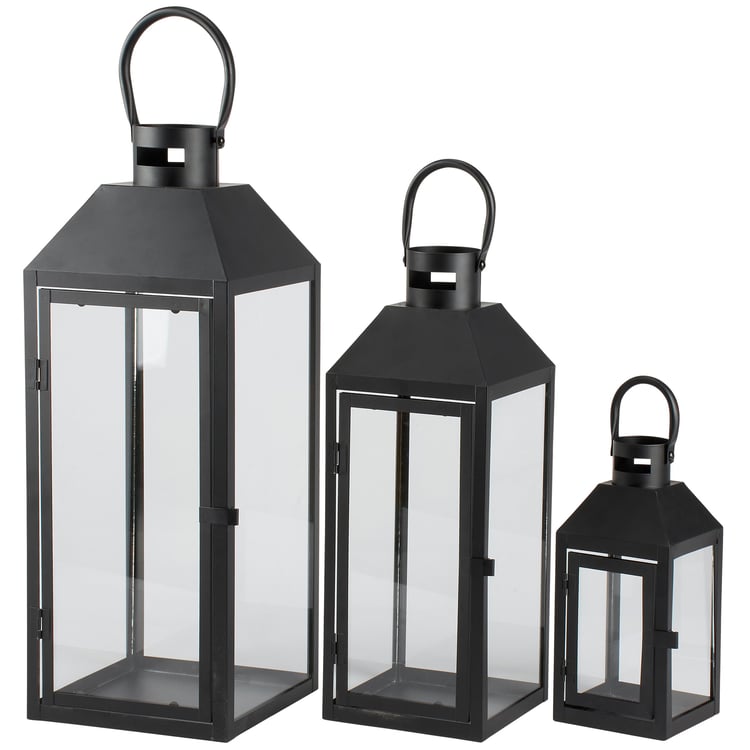 Rustic Black Metal & Glass Lantern Set - 3 Piece Decorative Home Accents