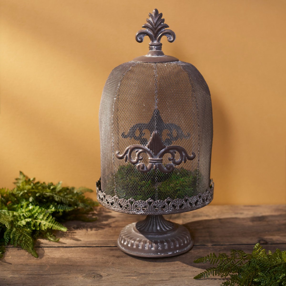 Elegant Vintage Wire Cloche with Pedestal - Distressed Metal Display Dome