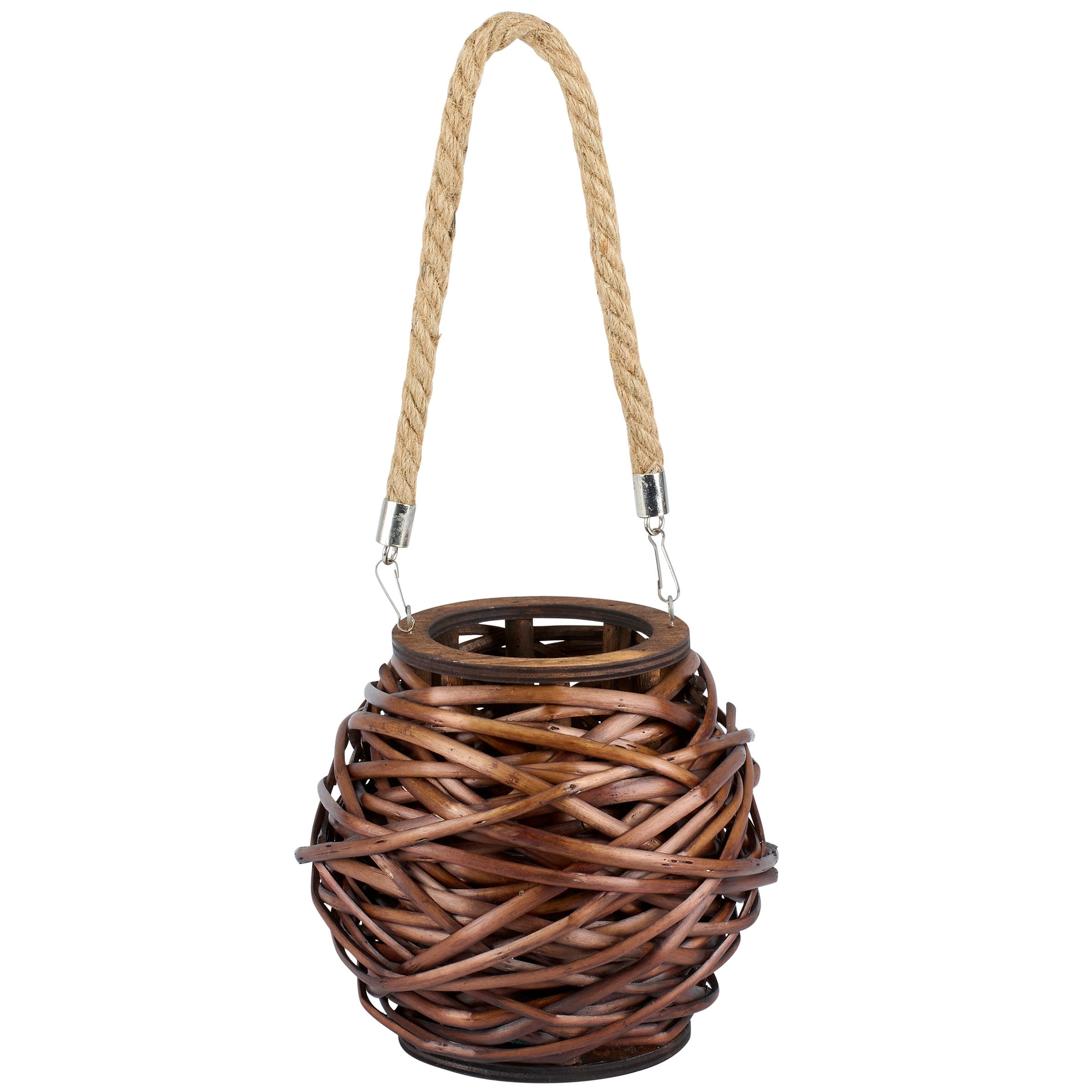 Stylish Dark Wicker Lantern: Rustic Rattan Design, Glass Insert, Rope Handle