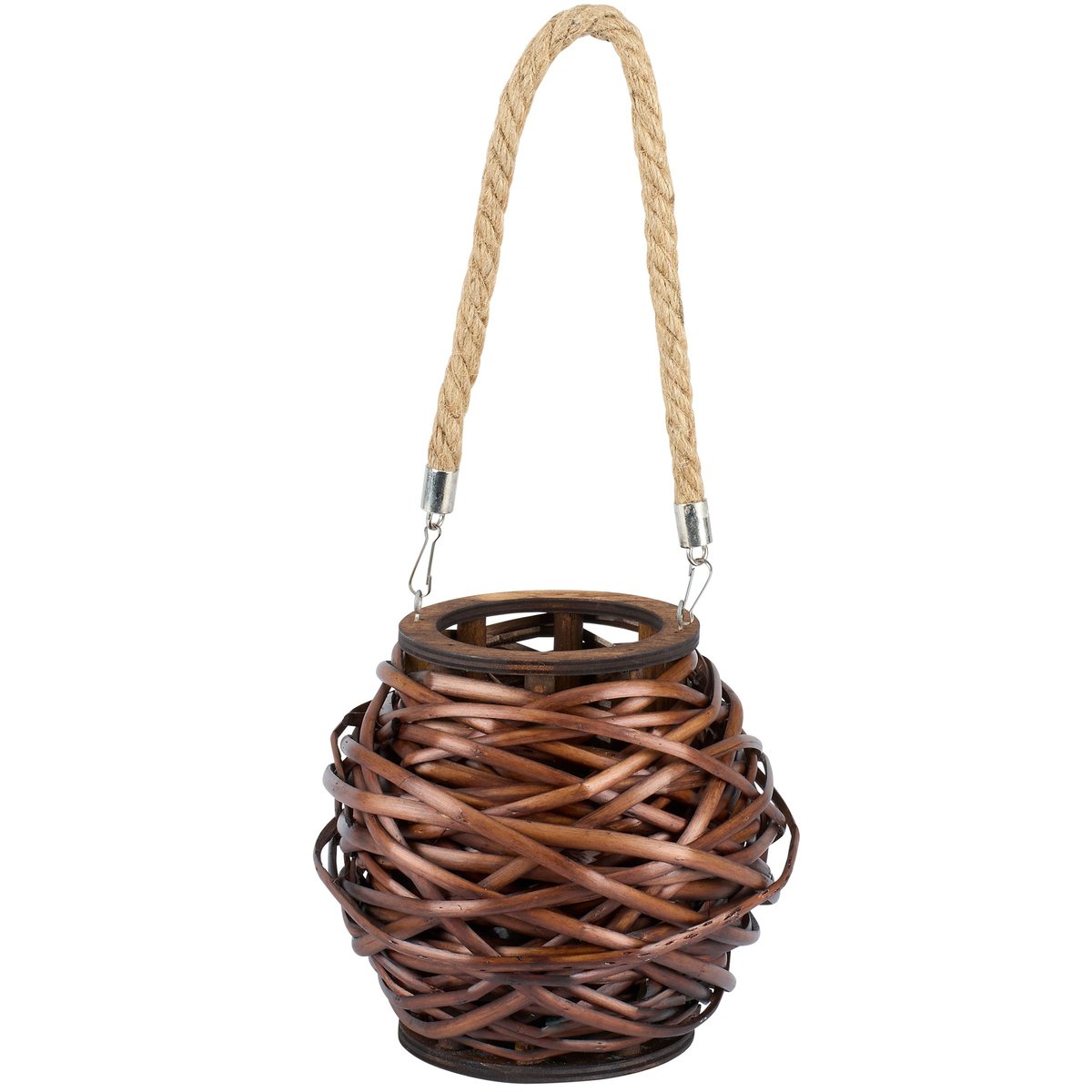 Stylish Dark Wicker Lantern: Rustic Rattan Design, Glass Insert, Rope Handle