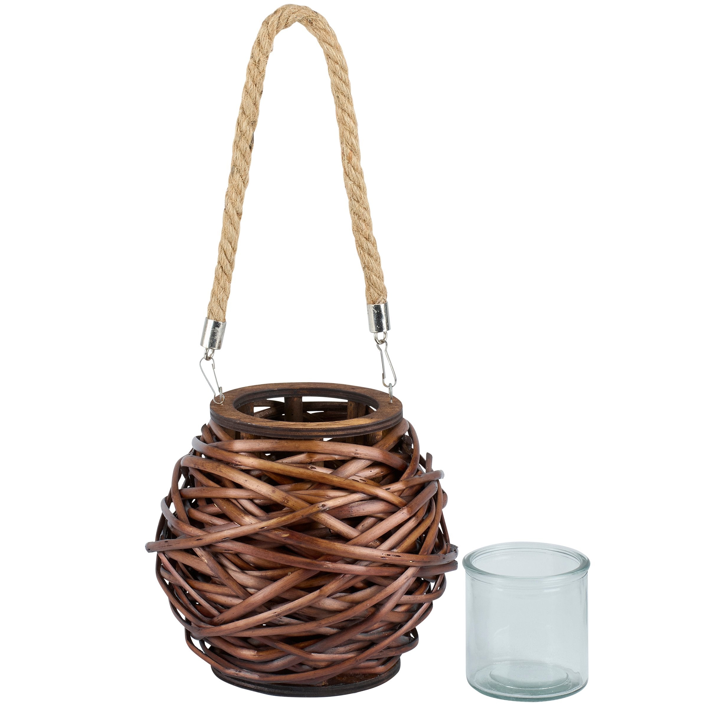 Stylish Dark Wicker Lantern: Rustic Rattan Design, Glass Insert, Rope Handle