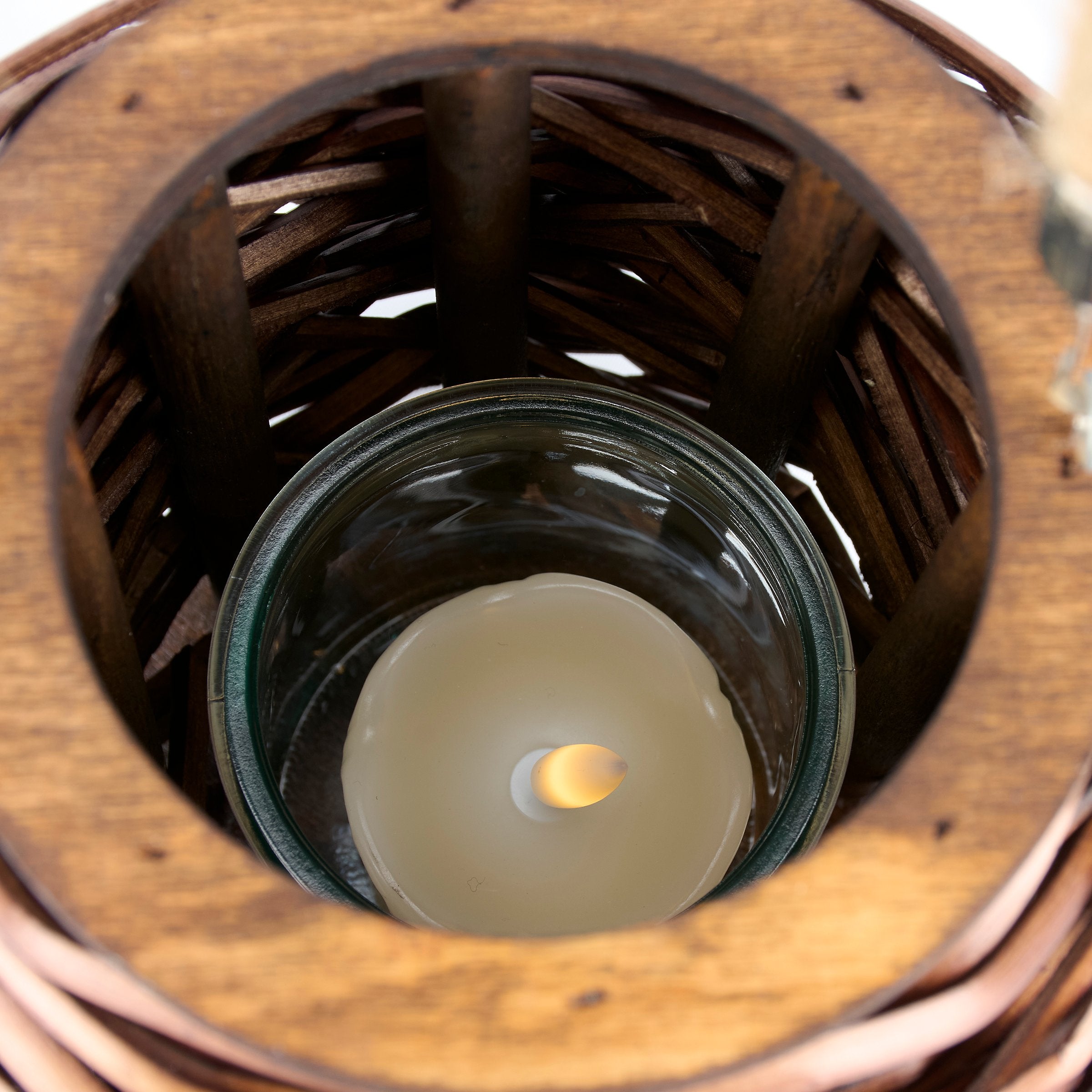 Stylish Dark Wicker Lantern: Rustic Rattan Design, Glass Insert, Rope Handle