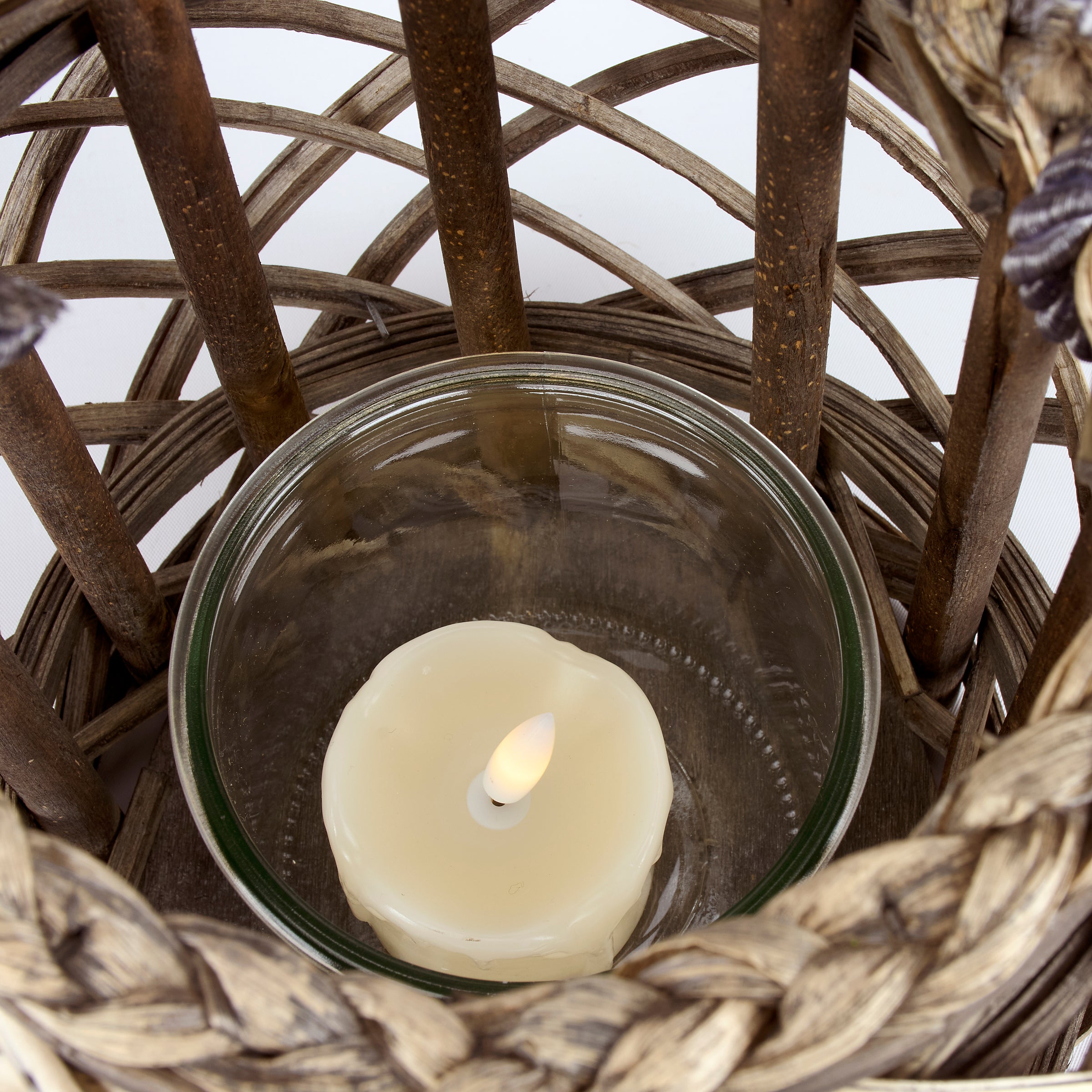 Elegant Wicker Lantern with Rope Handle for Battery-Operated Candles