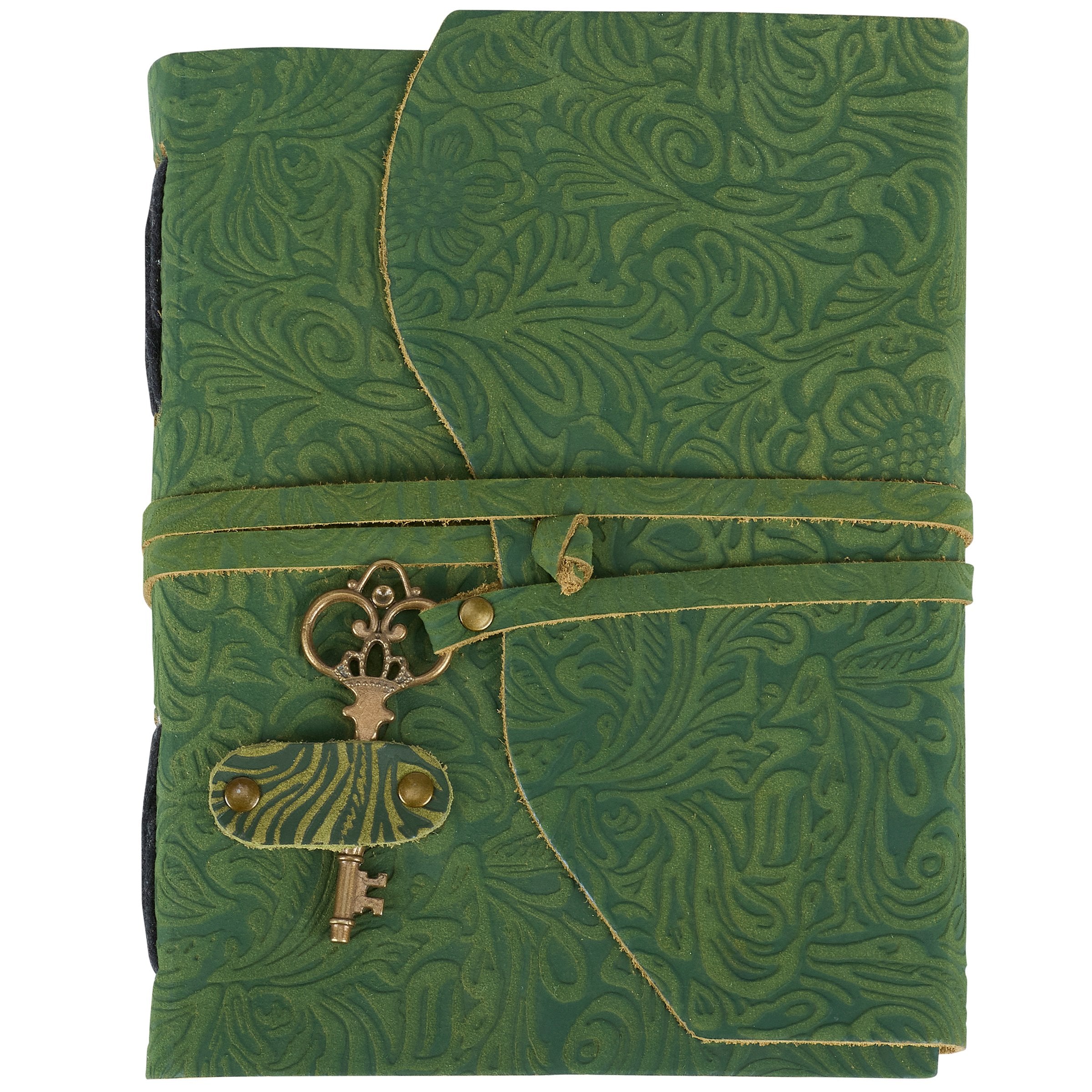 Elegant Floral Green Embossed Leather Journal with Antique Key Charm, 200 Unlined Pages