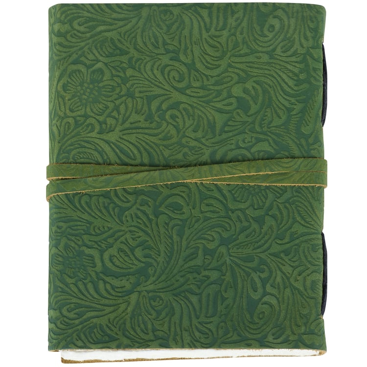 Elegant Floral Green Embossed Leather Journal with Antique Key Charm, 200 Unlined Pages
