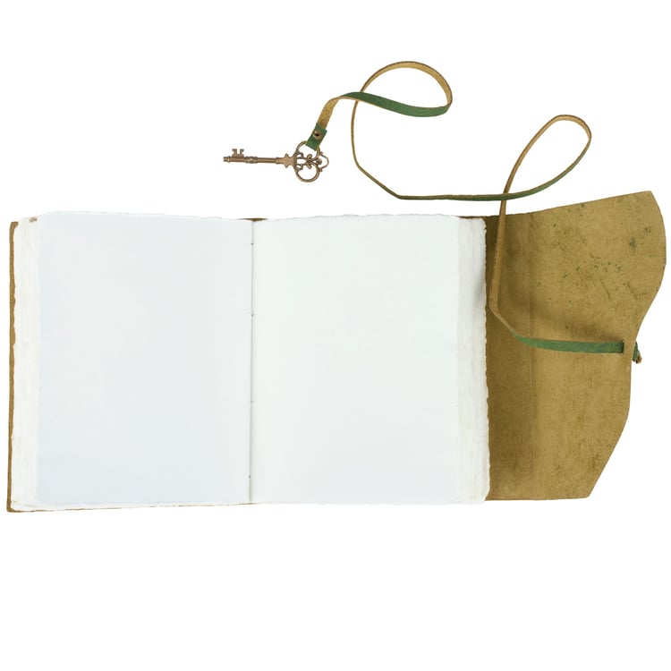 Elegant Floral Green Embossed Leather Journal with Antique Key Charm, 200 Unlined Pages
