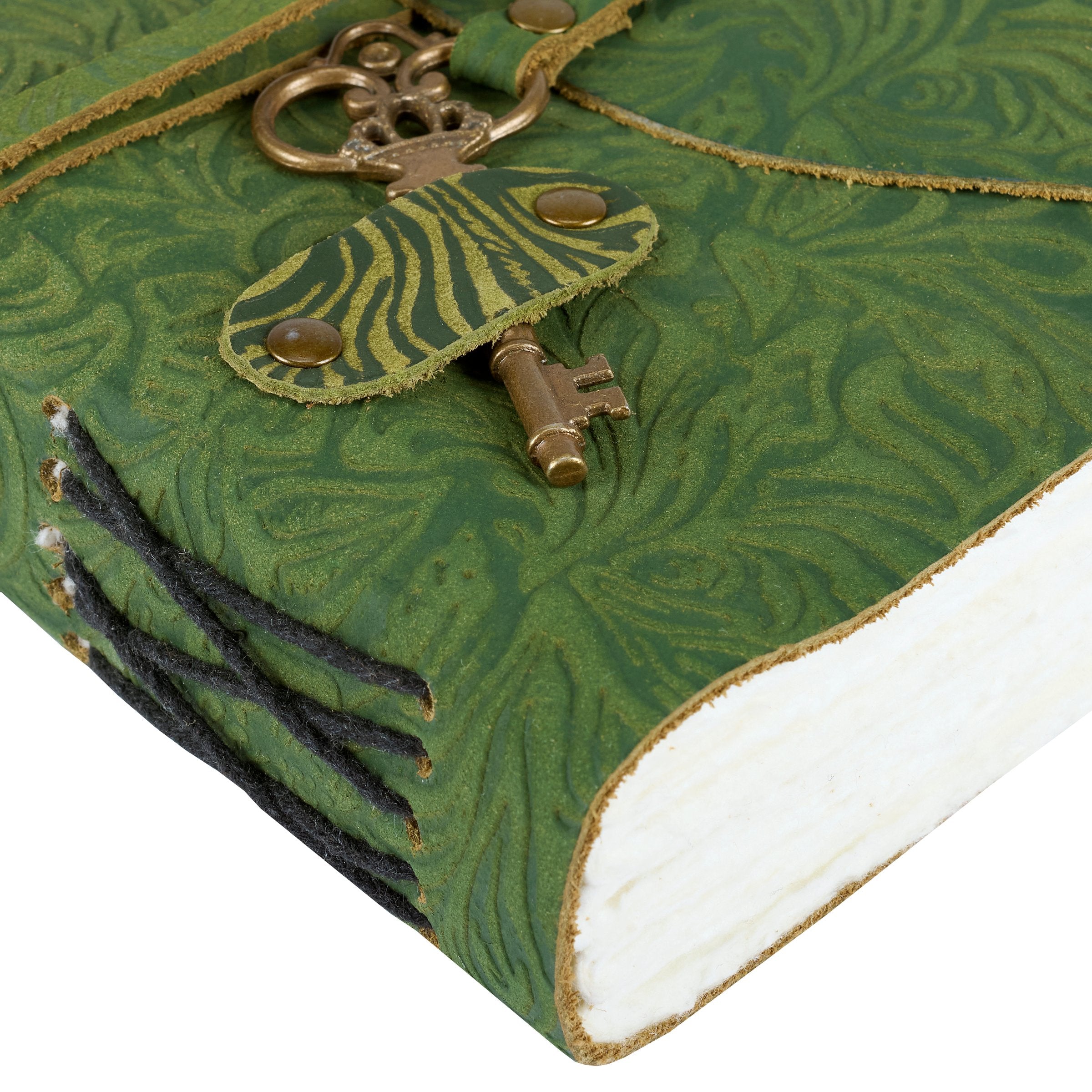 Elegant Floral Green Leather Journal with Antique Key Tie, 200 Unlined Deckled Pages