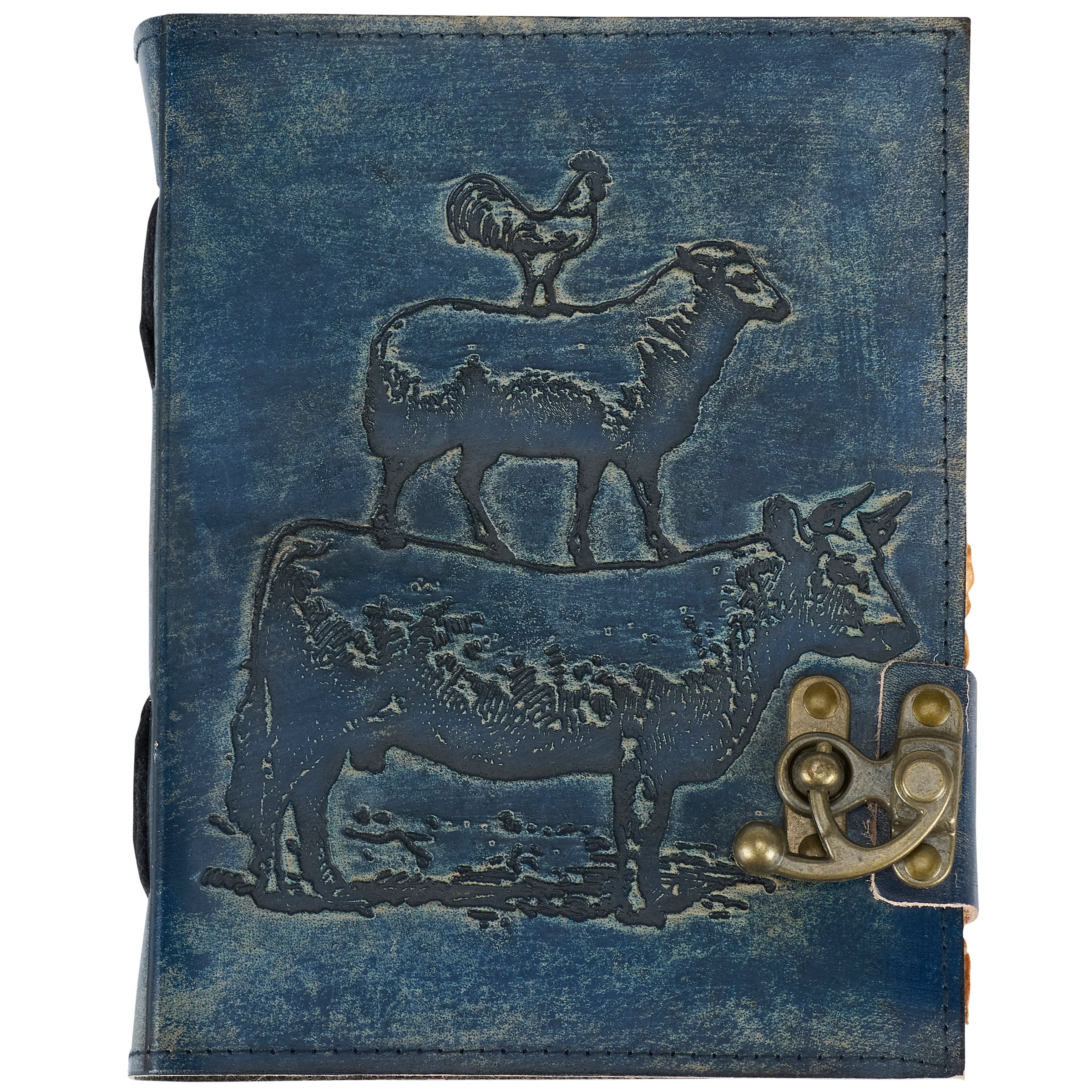 Charming Embossed Farm Animal Stack Blue Leather Journal with Antique Clasp