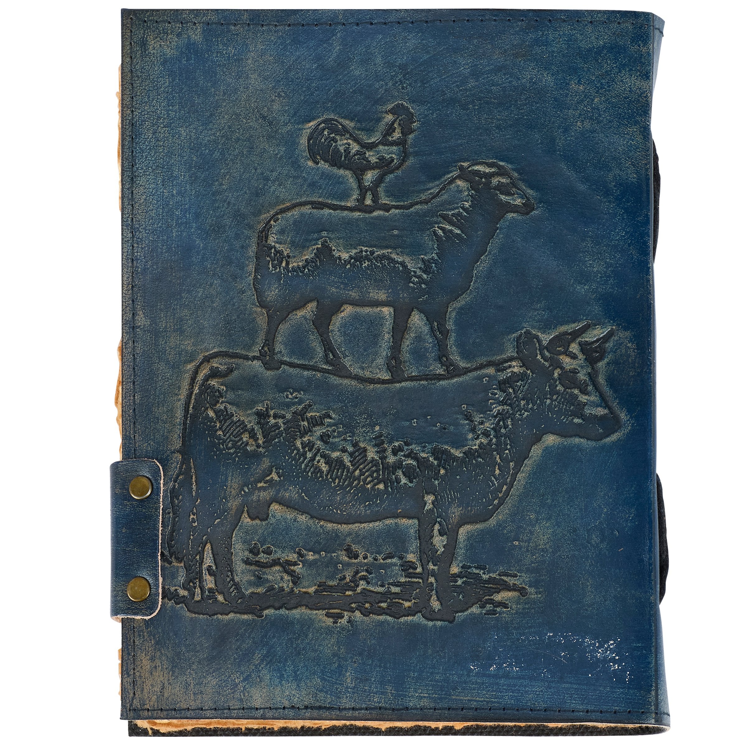 Charming Embossed Farm Animal Stack Blue Leather Journal with Antique Clasp