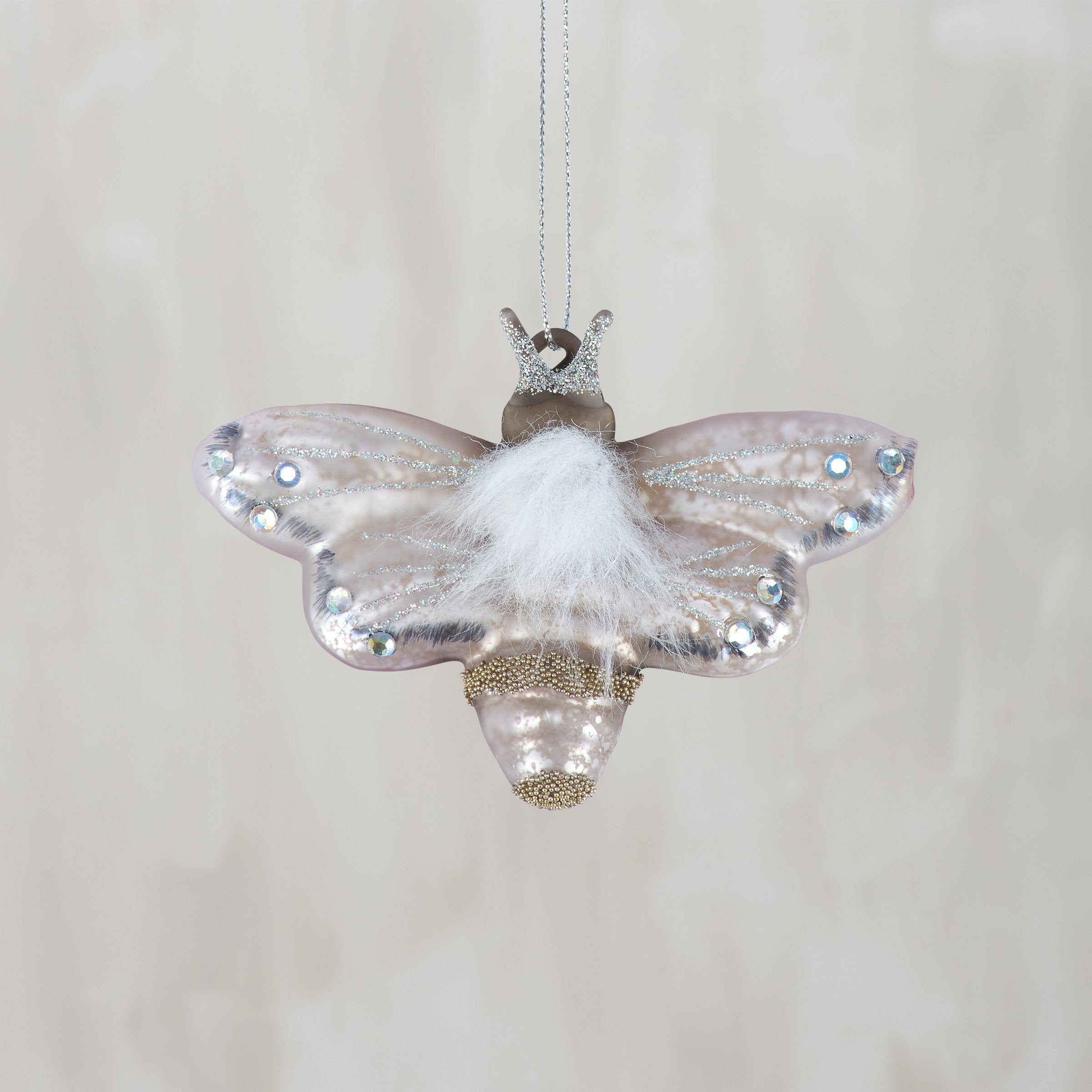 Enchanting Glass Moth Insect Ornament with Glitter & Faux Fur Accents