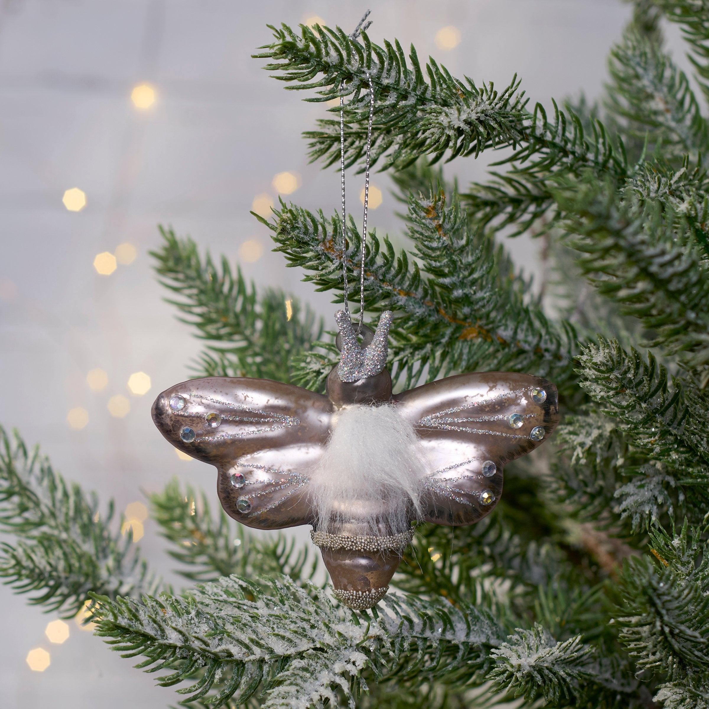 Enchanting Glass Moth Insect Ornament with Glitter & Faux Fur Accents