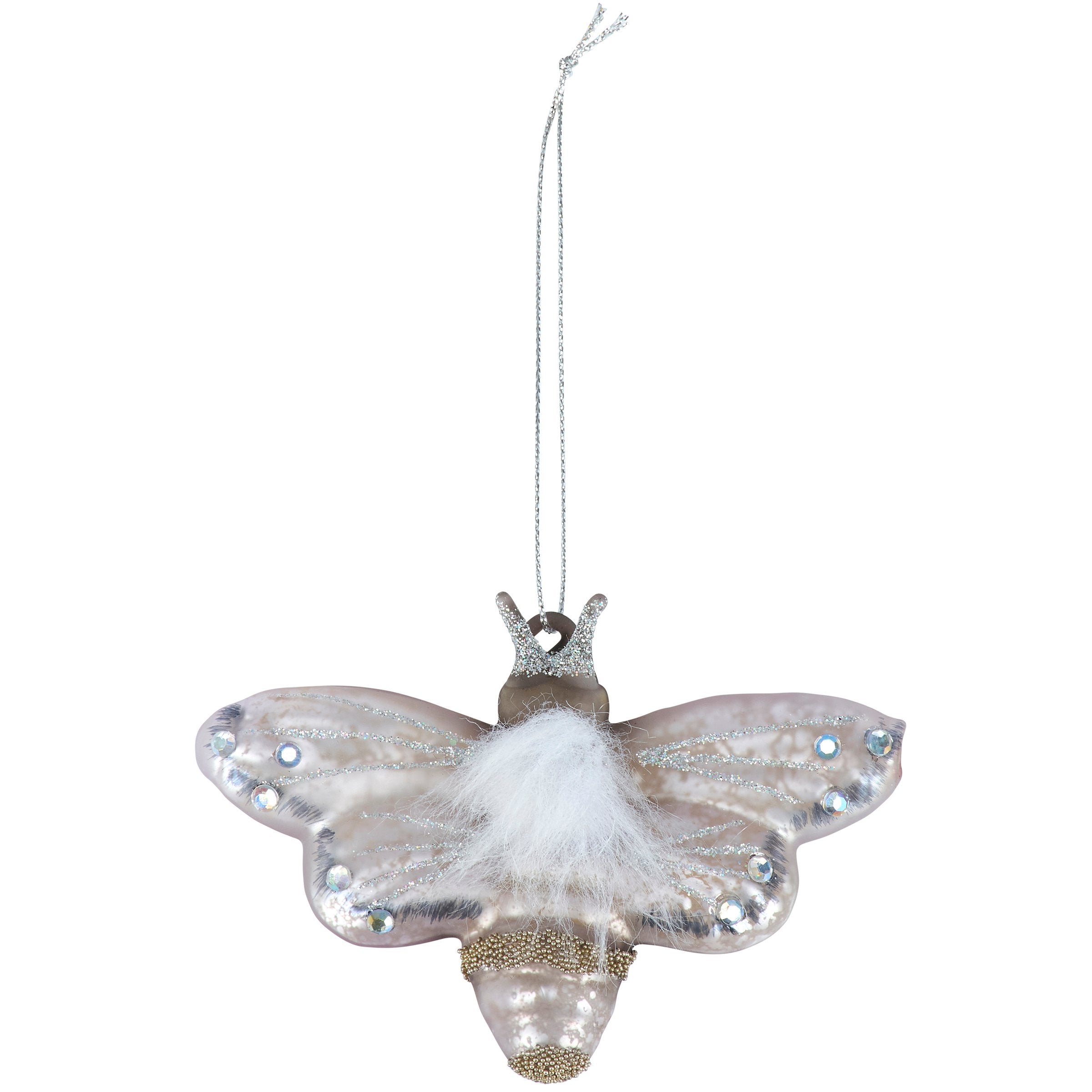 Enchanting Glass Moth Insect Ornament with Glitter & Faux Fur Accents