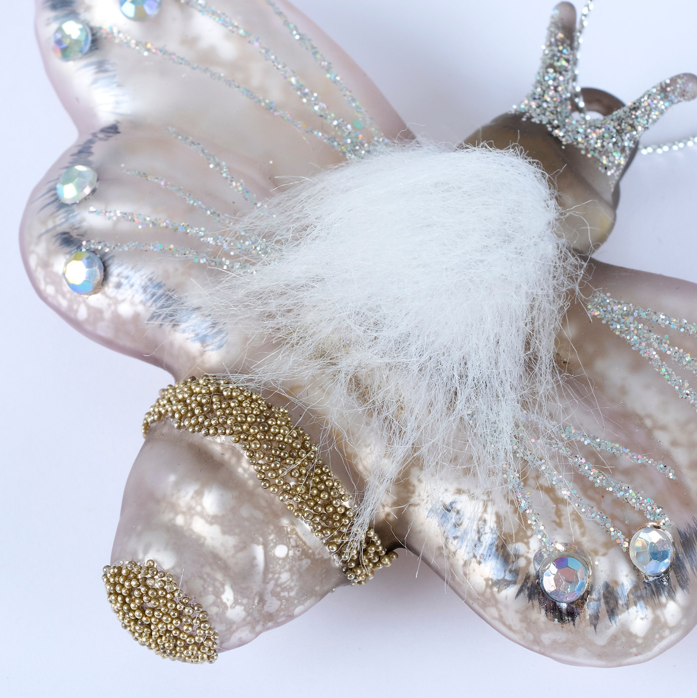 Enchanting Glass Moth Insect Ornament with Glitter & Faux Fur Accents
