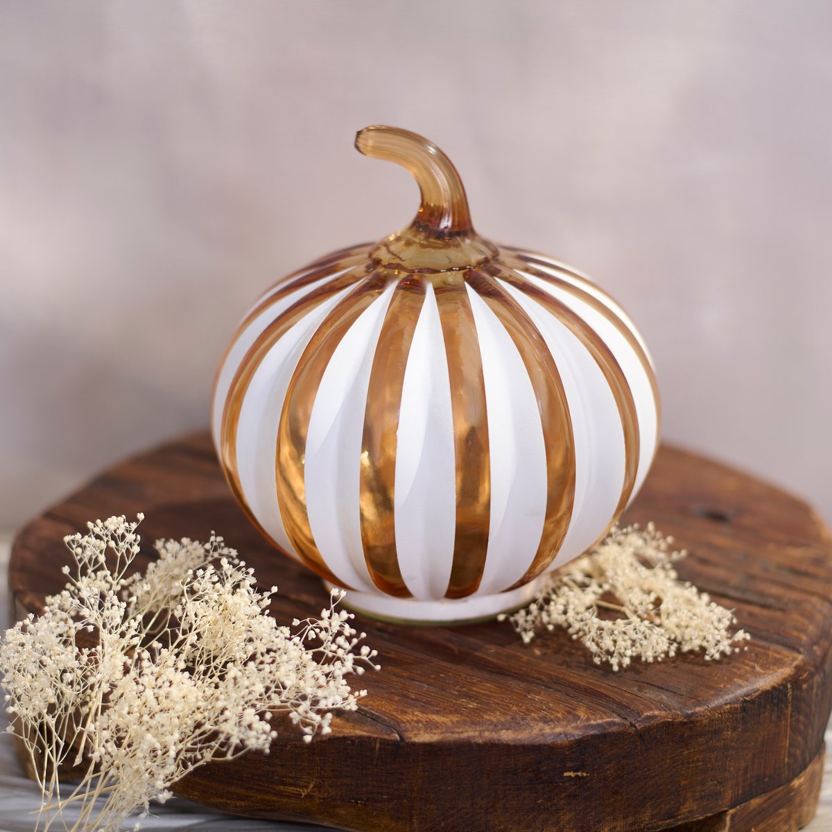 Charming Amber Glass Striped Pumpkin for Fall Harvest Home Decor Display