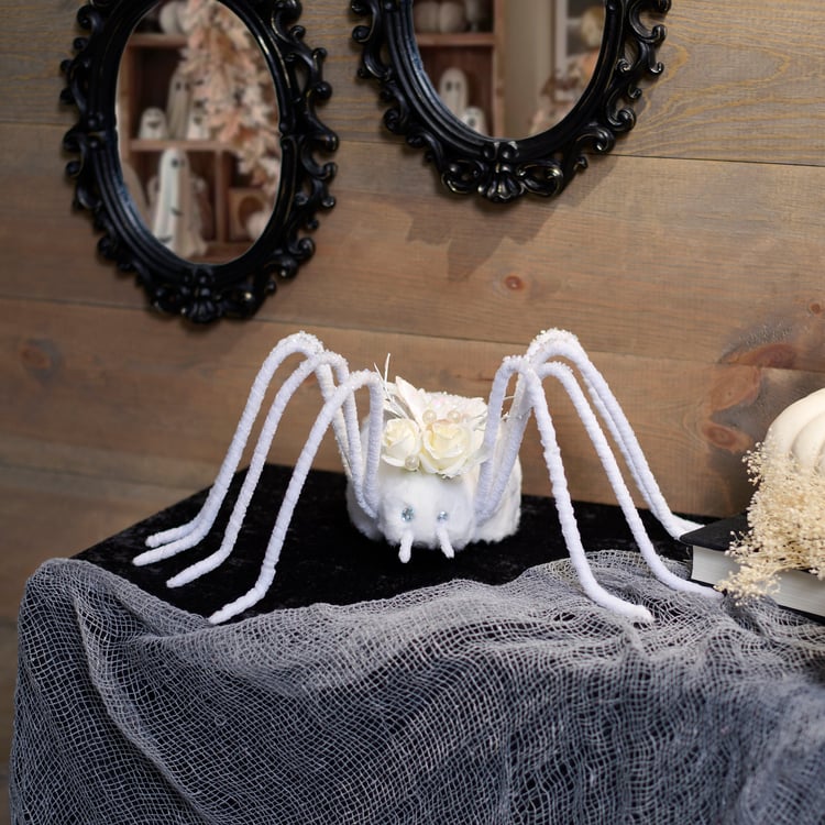 Whimsical White Ghost Flower Spider Halloween Decor - Freestanding & Glitter Accents