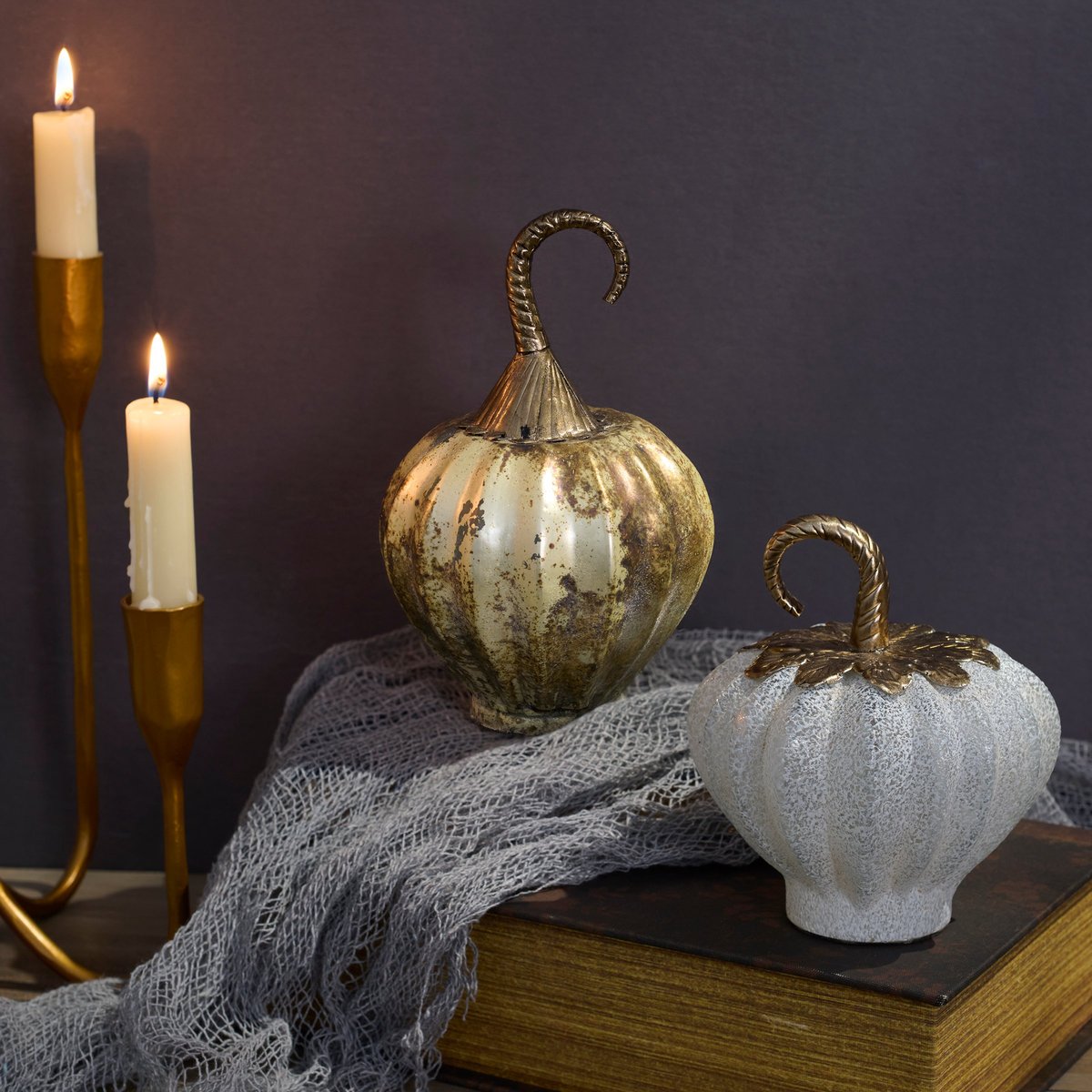 Rustic Metallic Glass Pumpkin Fall Harvest Decor with Antique Silver Finish