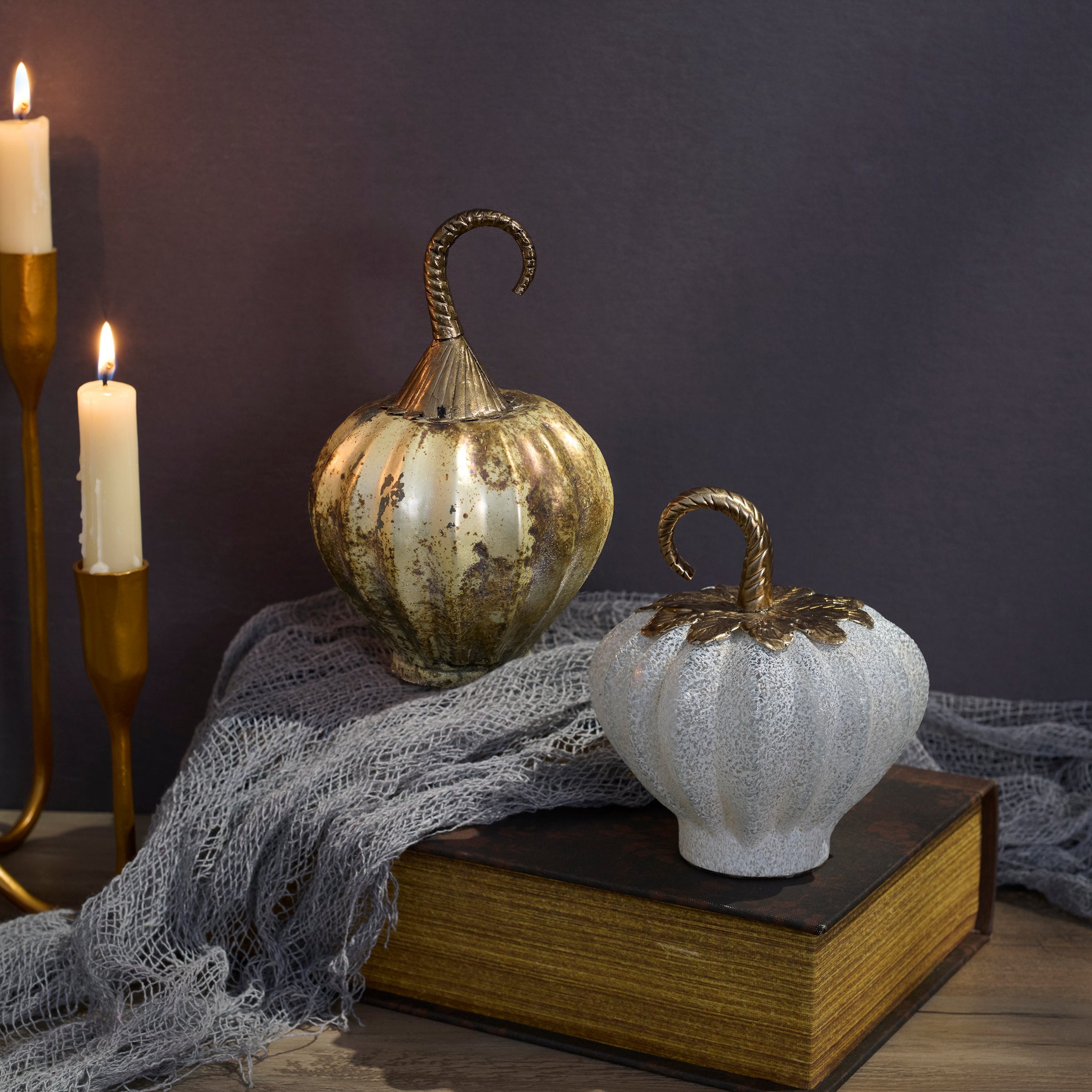 Elegant Distressed White Glass Pumpkin with Antique Stem Fall Harvest Decor