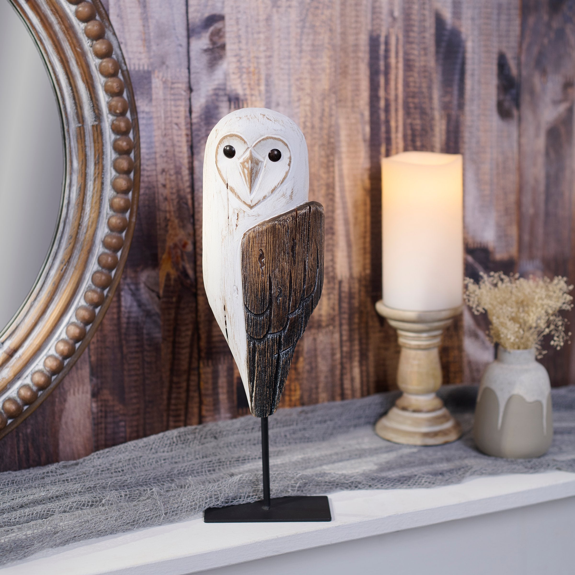Rustic Wooden Barn Owl Sitter Figurine - Primitive Wood & Metal Home Decor Accent