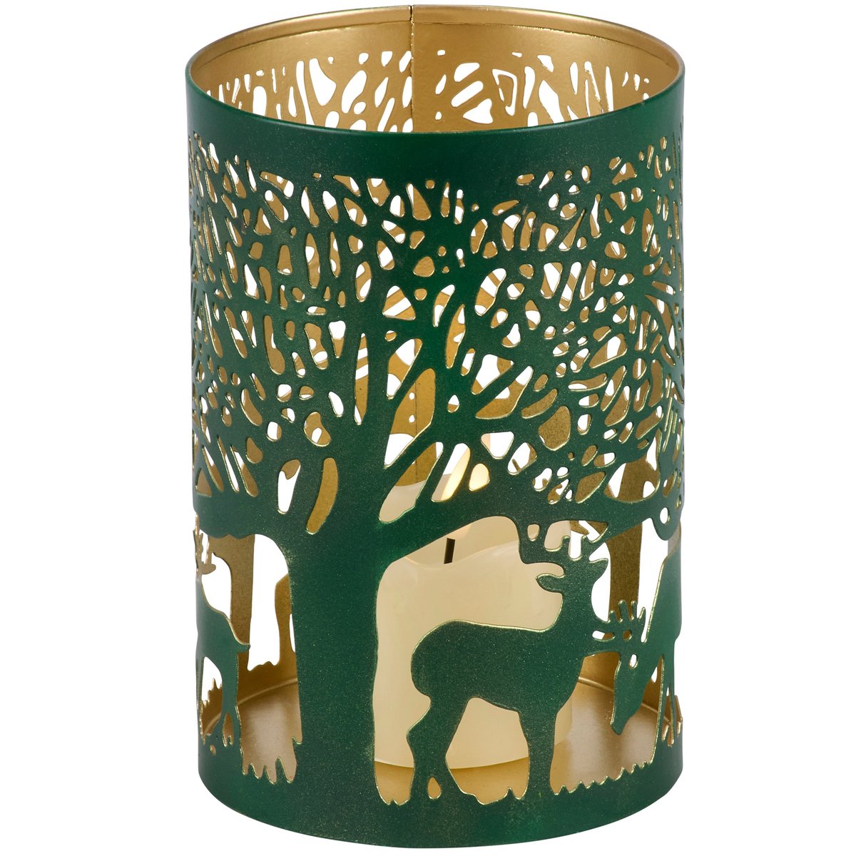 Rustic Metal Forest Life Lantern with Deer Tree Cutout Design Candle Holder