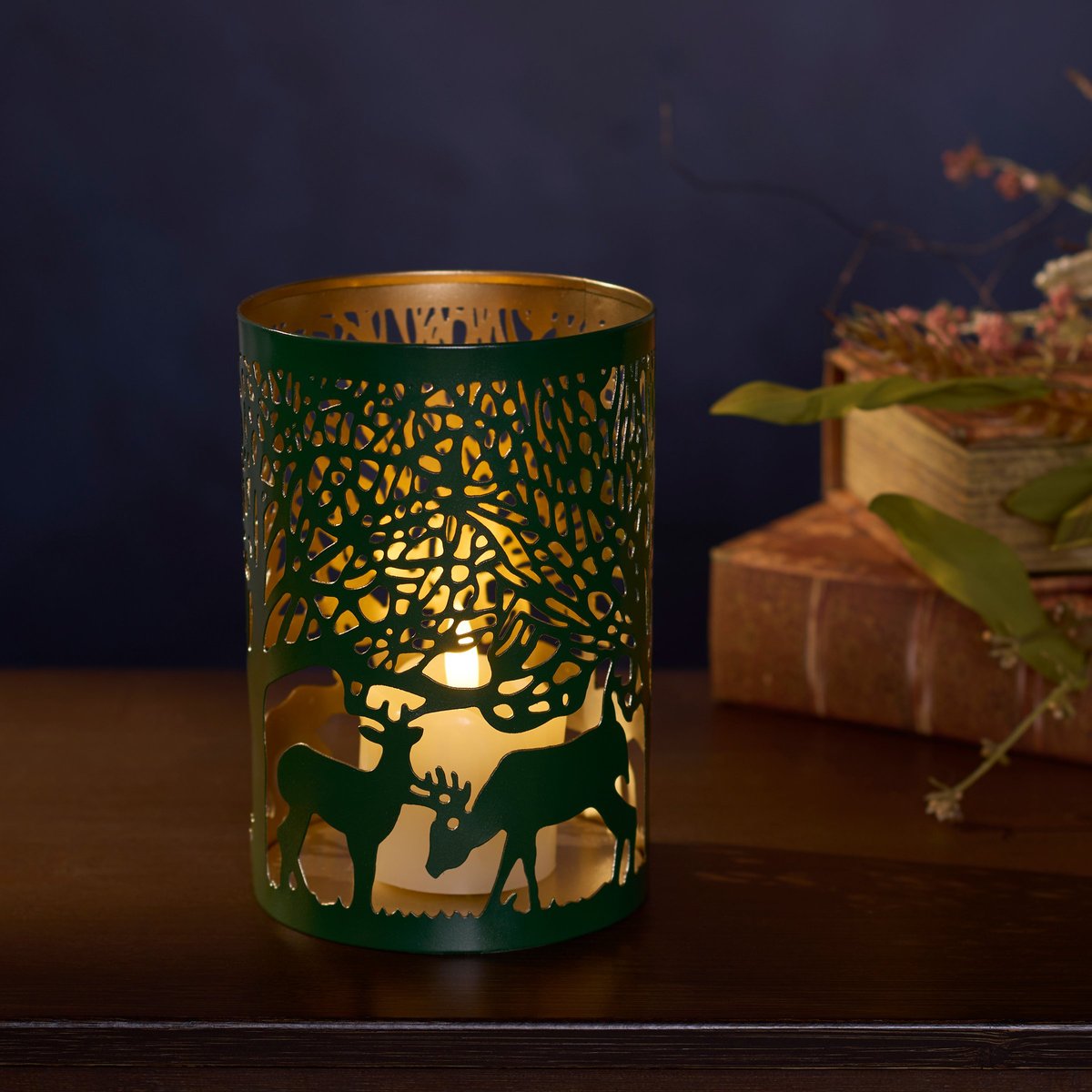 Rustic Metal Forest Life Lantern with Deer Tree Cutout Design Candle Holder