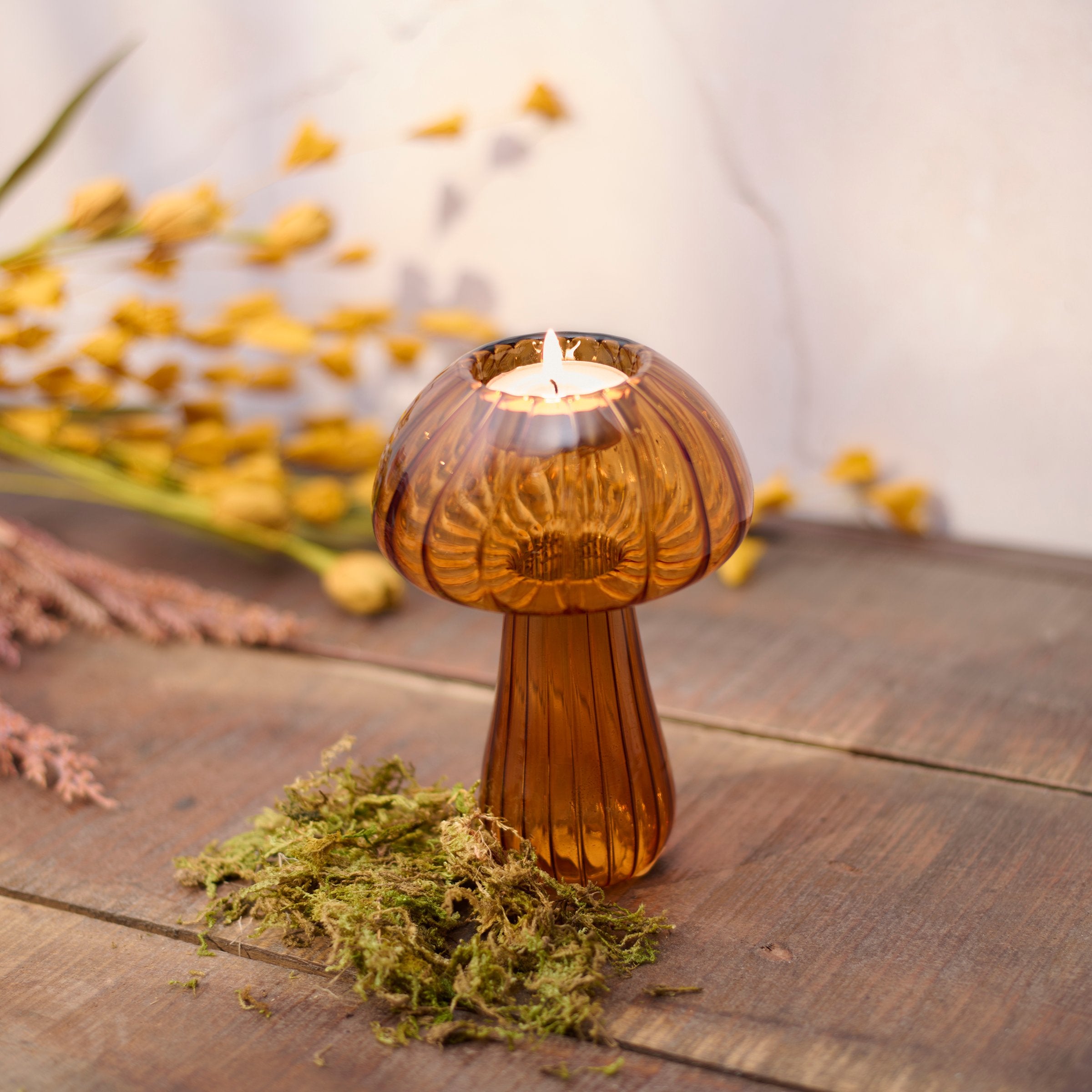 Charming Brown Glass Mushroom Tealight Candle Holder, Unique Fall Home Decor Accent