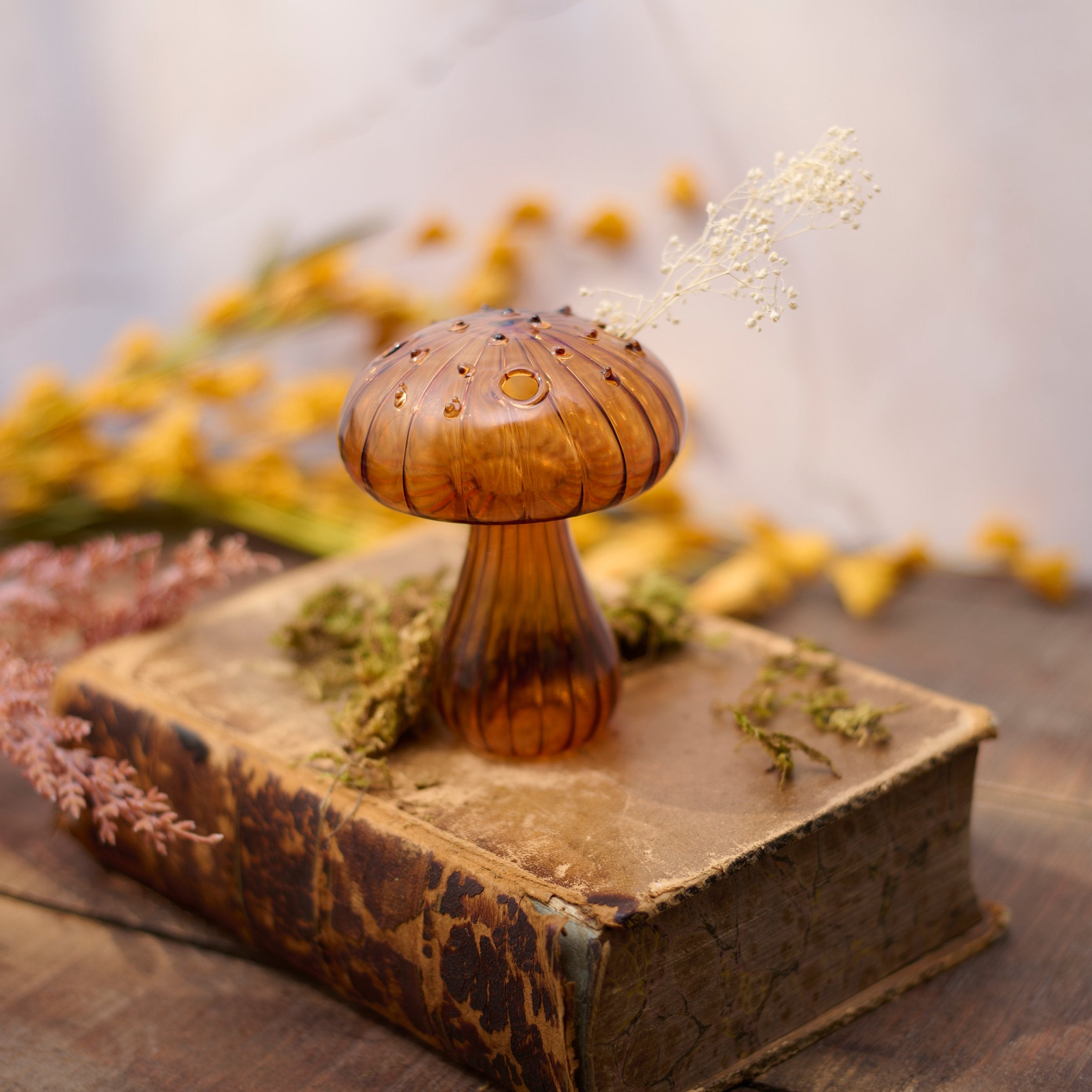 Golden Glass Mushroom Bud Vase - Unique Fall Decor Flower Holder