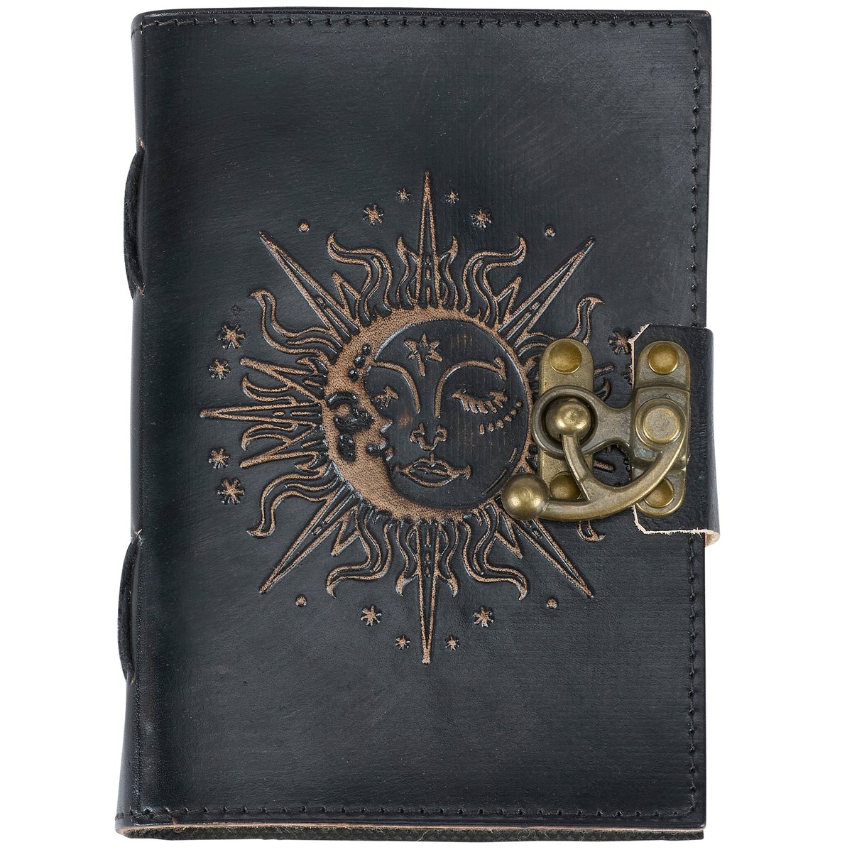 Mystic Sun Celestial Embossed Leather Journal with Antique Clasp, 200 Unlined Pages