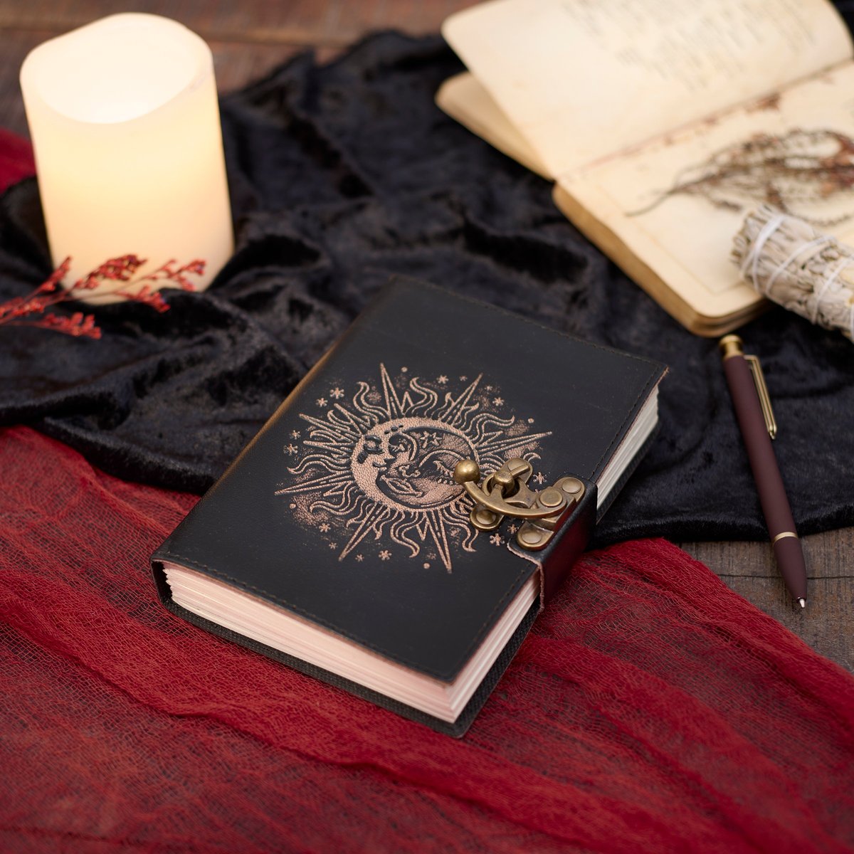 Mystic Sun Celestial Embossed Leather Journal with Antique Clasp, 200 Unlined Pages