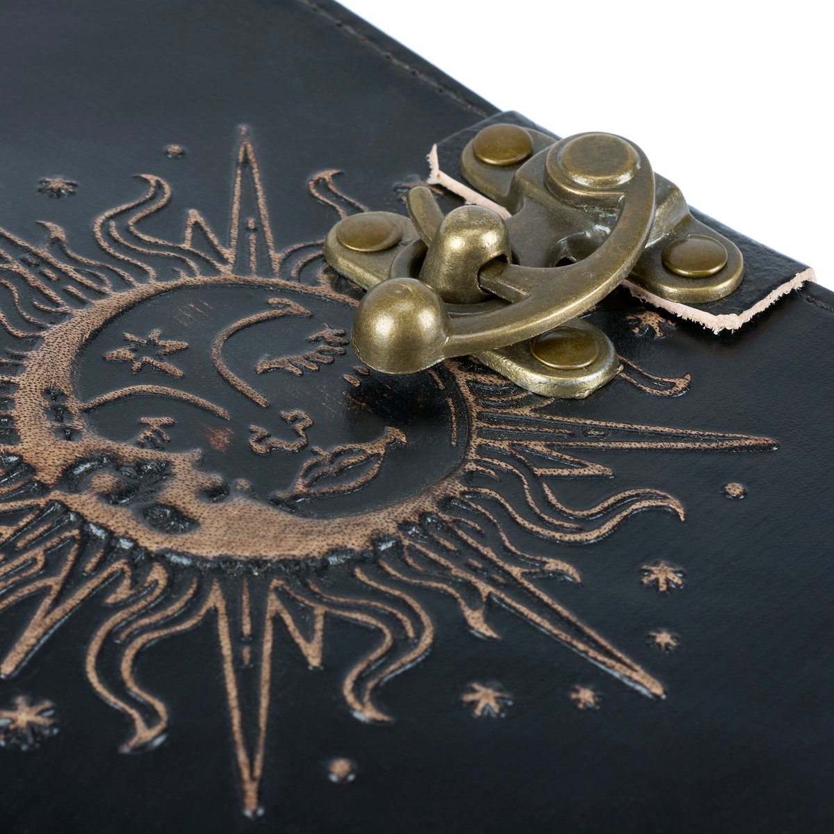 Mystic Sun Celestial Embossed Leather Journal with Antique Clasp, 200 Unlined Pages