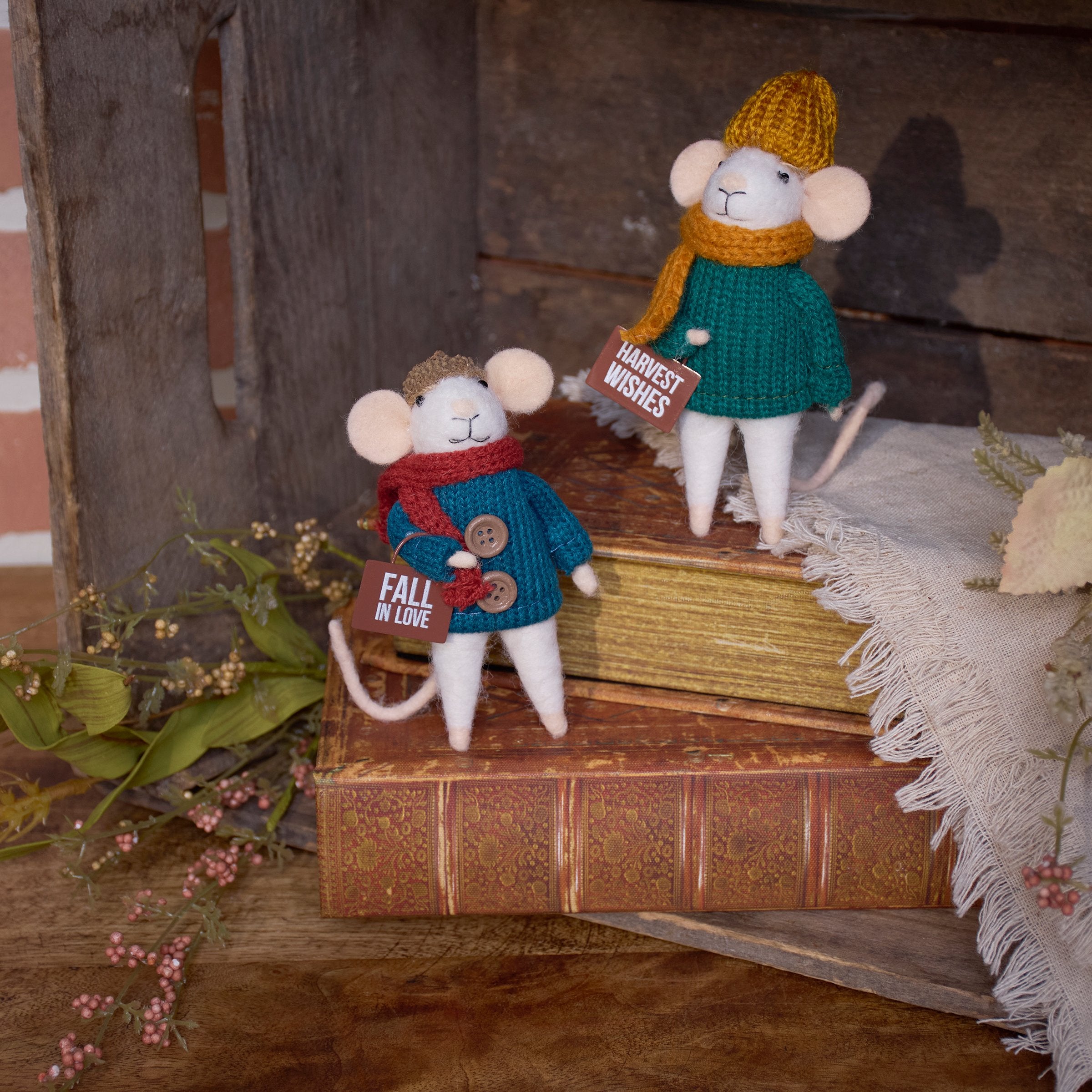 Charming Harvest Wishes Fall Felt Mice Figurines - Autumn Home Decor Set
