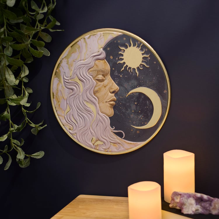 Mystical Lady Moon Metal Wall Decor Art with Gold Celestial Accents