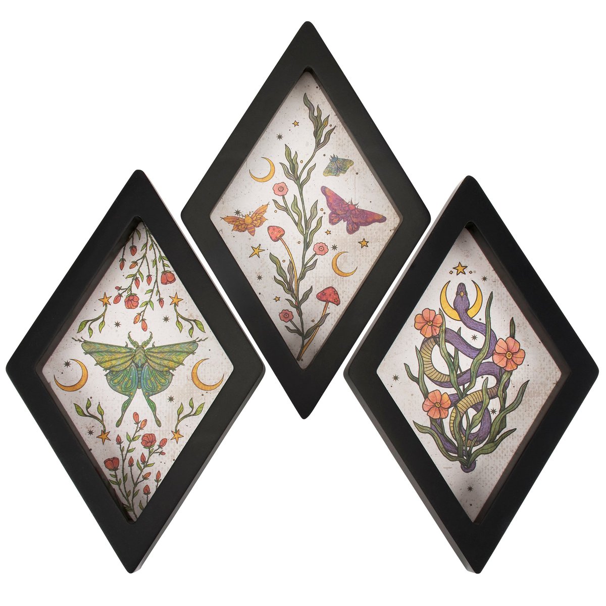 Mystical Nature-Inspired Diamond Wood Frame Hanging Decor Set - Ink Art