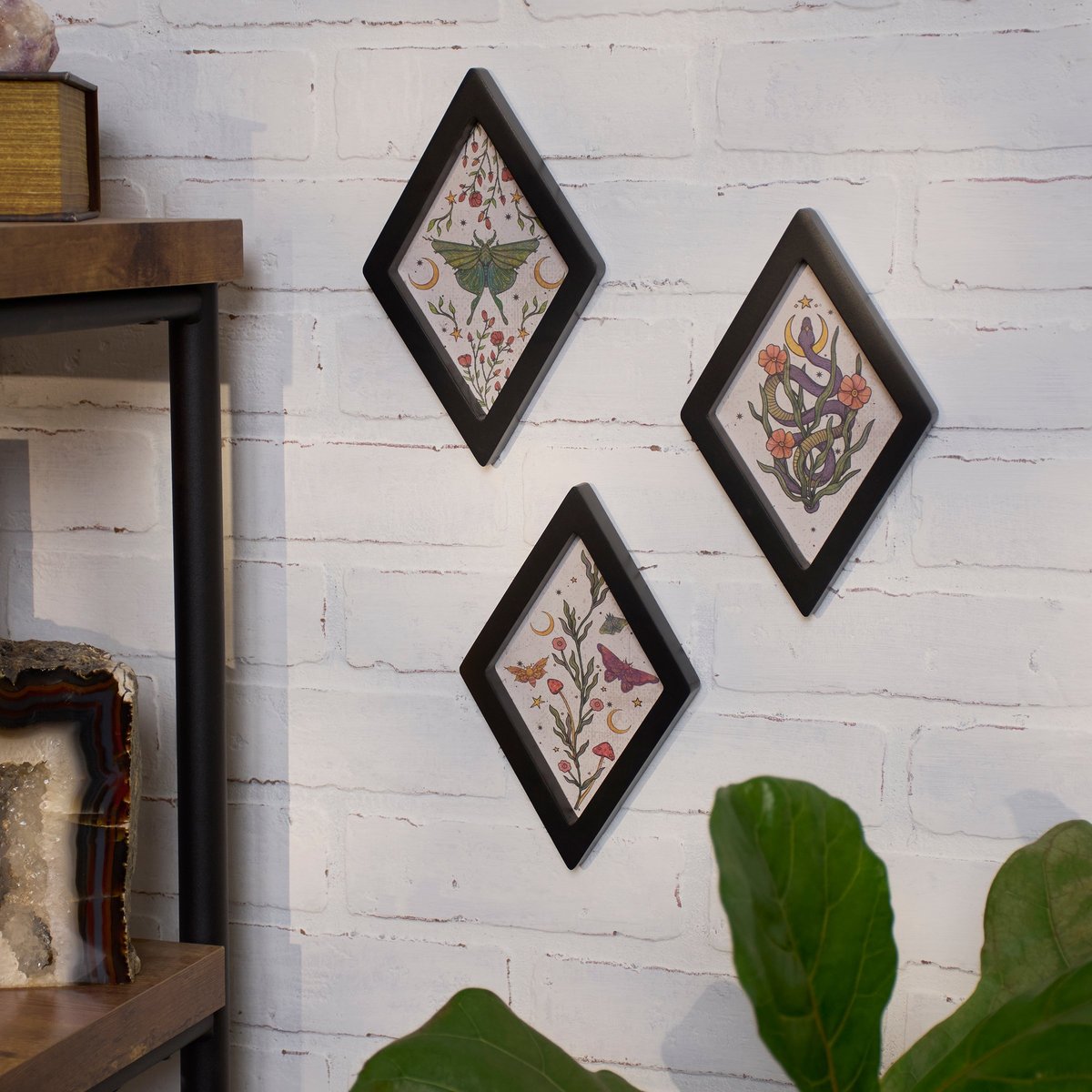 Mystical Nature-Inspired Diamond Wood Frame Hanging Decor Set - Ink Art