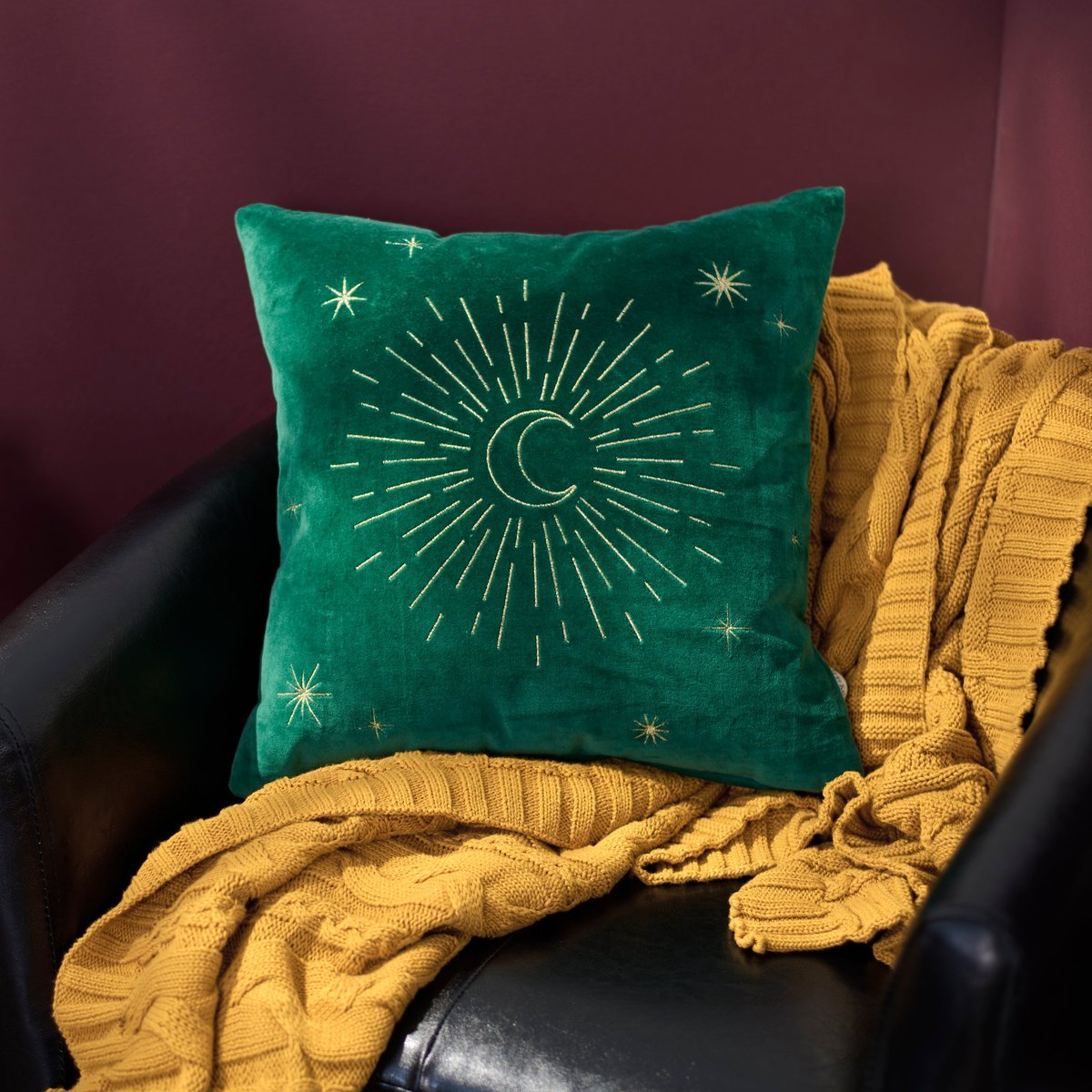 Enchanting Green Velvet Moon & Stars Embroidered Decorative Throw Pillow 16x16