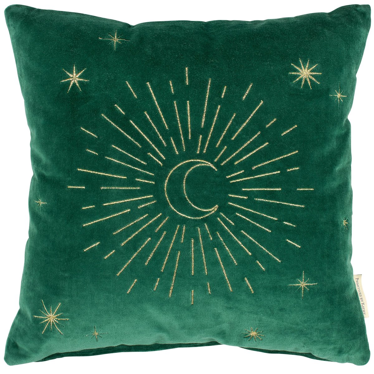 Enchanting Green Velvet Moon & Stars Embroidered Decorative Throw Pillow 16x16