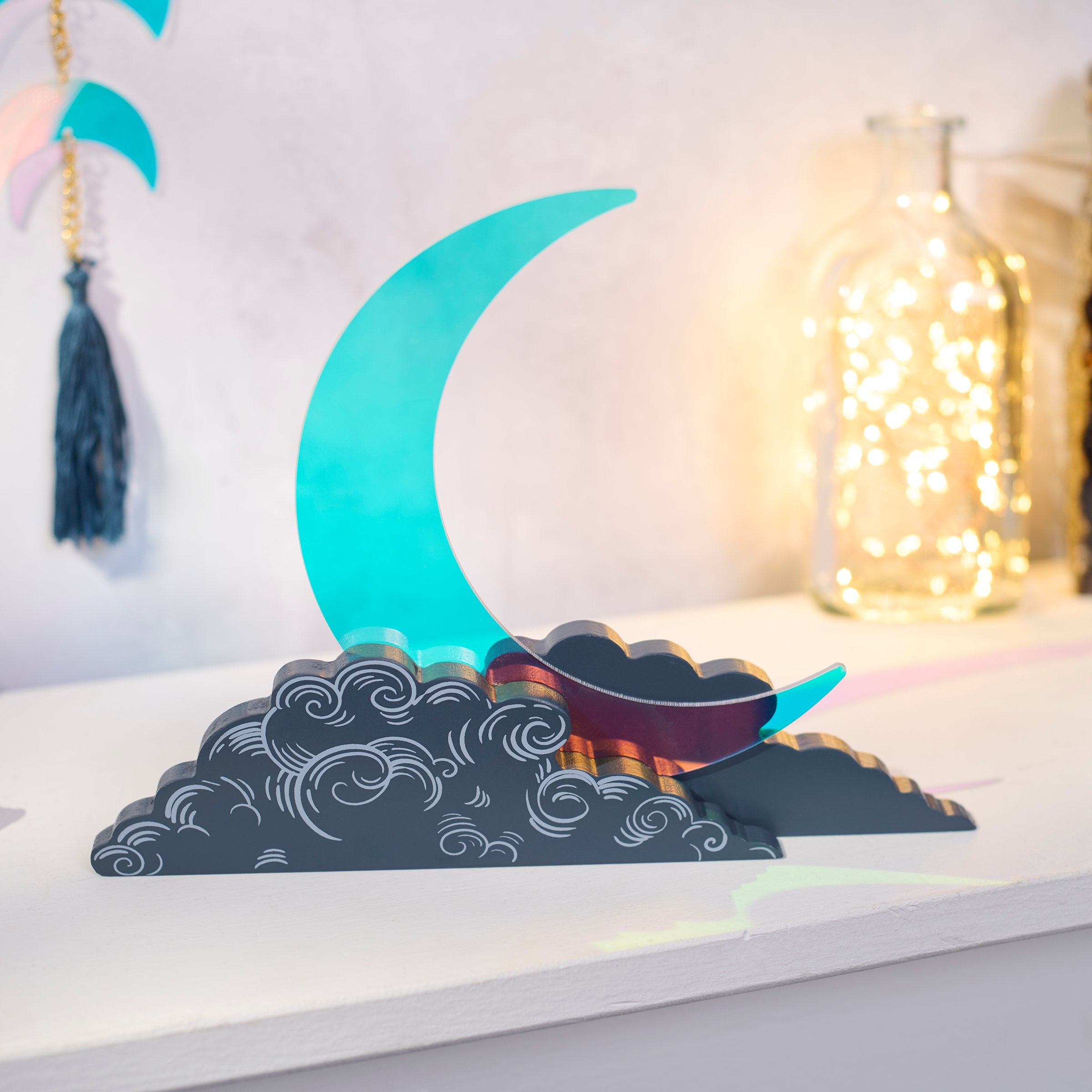Iridescent Acrylic Crescent Moon Sitter with Cloud Base - Mystical Home Decor Accent