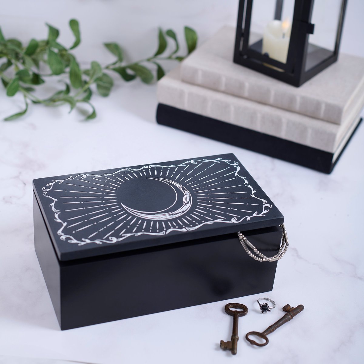 Mystical Moon Burst Hinged Keepsake Box, Decorative Celestial Wood Treasure Storage