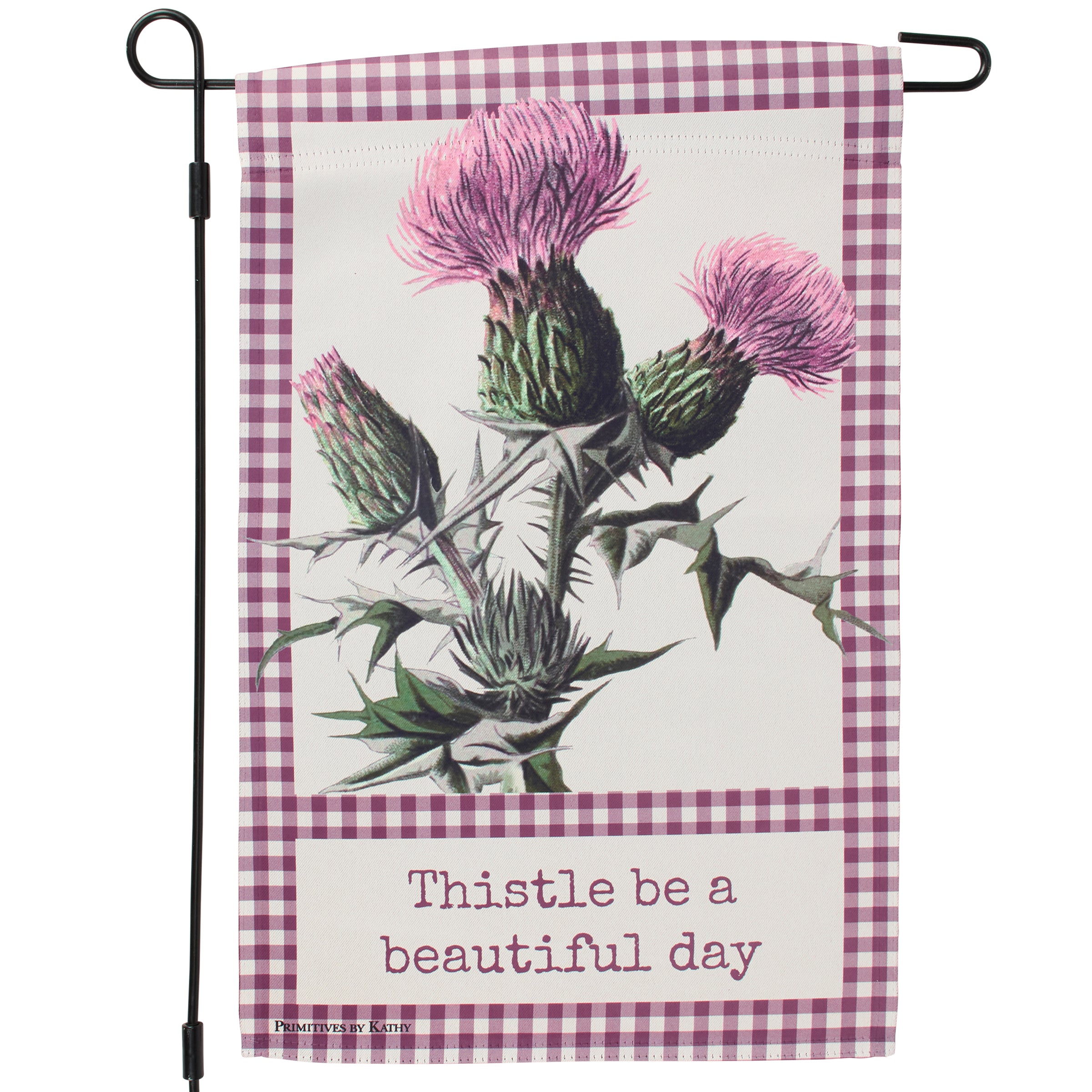 Charming Double-Sided Thistle Garden Flag with Purple Gingham Border, Weather-Resistant Outdoor Decor