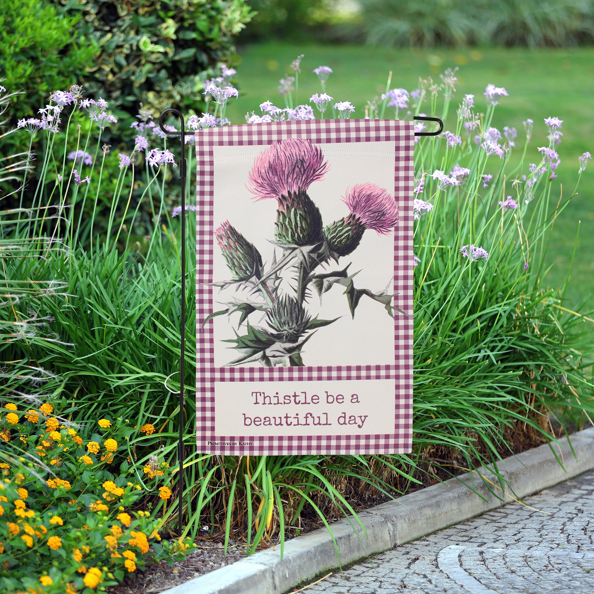 Charming Double-Sided Thistle Garden Flag with Purple Gingham Border, Weather-Resistant Outdoor Decor