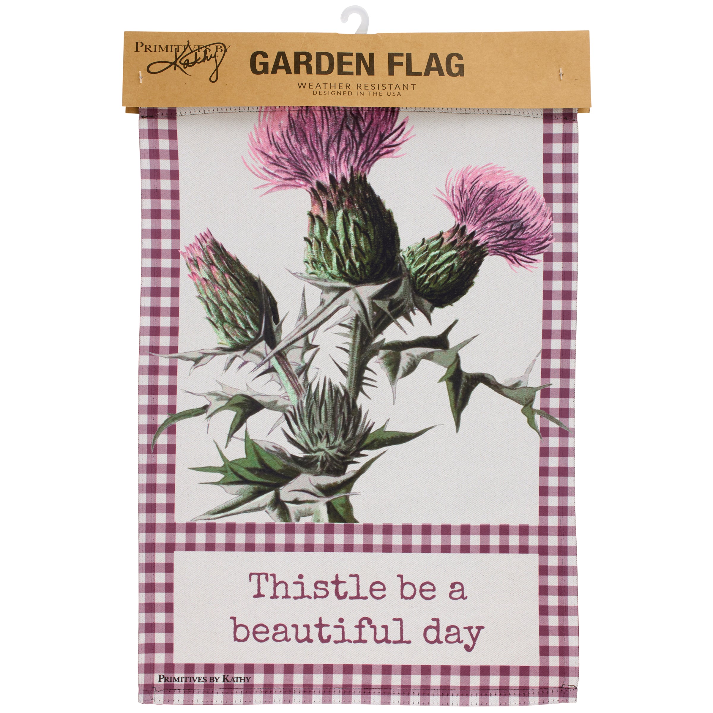 Charming Double-Sided Thistle Garden Flag with Purple Gingham Border, Weather-Resistant Outdoor Decor
