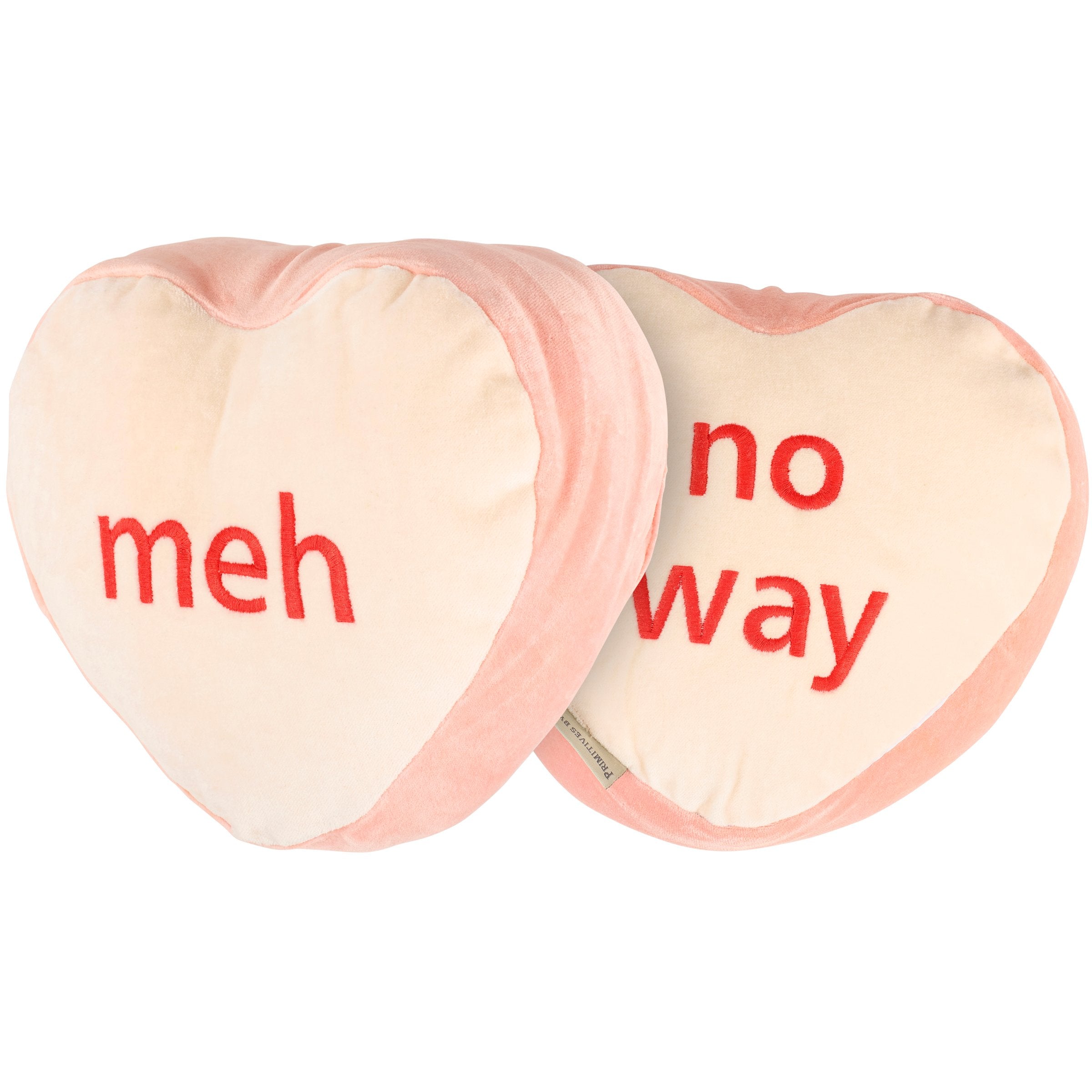 Sassy Velvet Candy Heart "Meh" & "No Way" Anti-Valentine Decorative Pillow