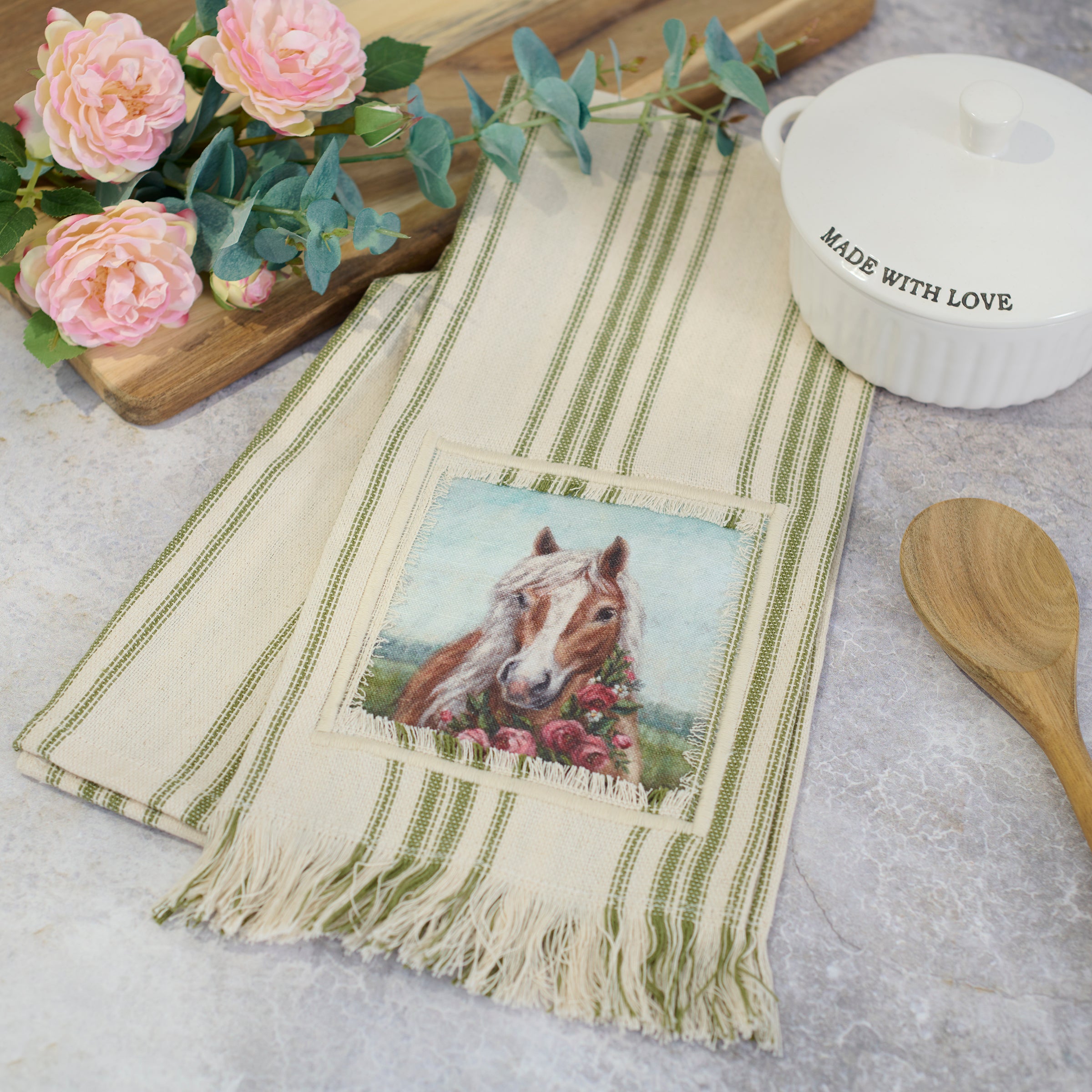 Charming Floral Pony Cotton Kitchen Towel - Rustic Farmhouse Spring Decor