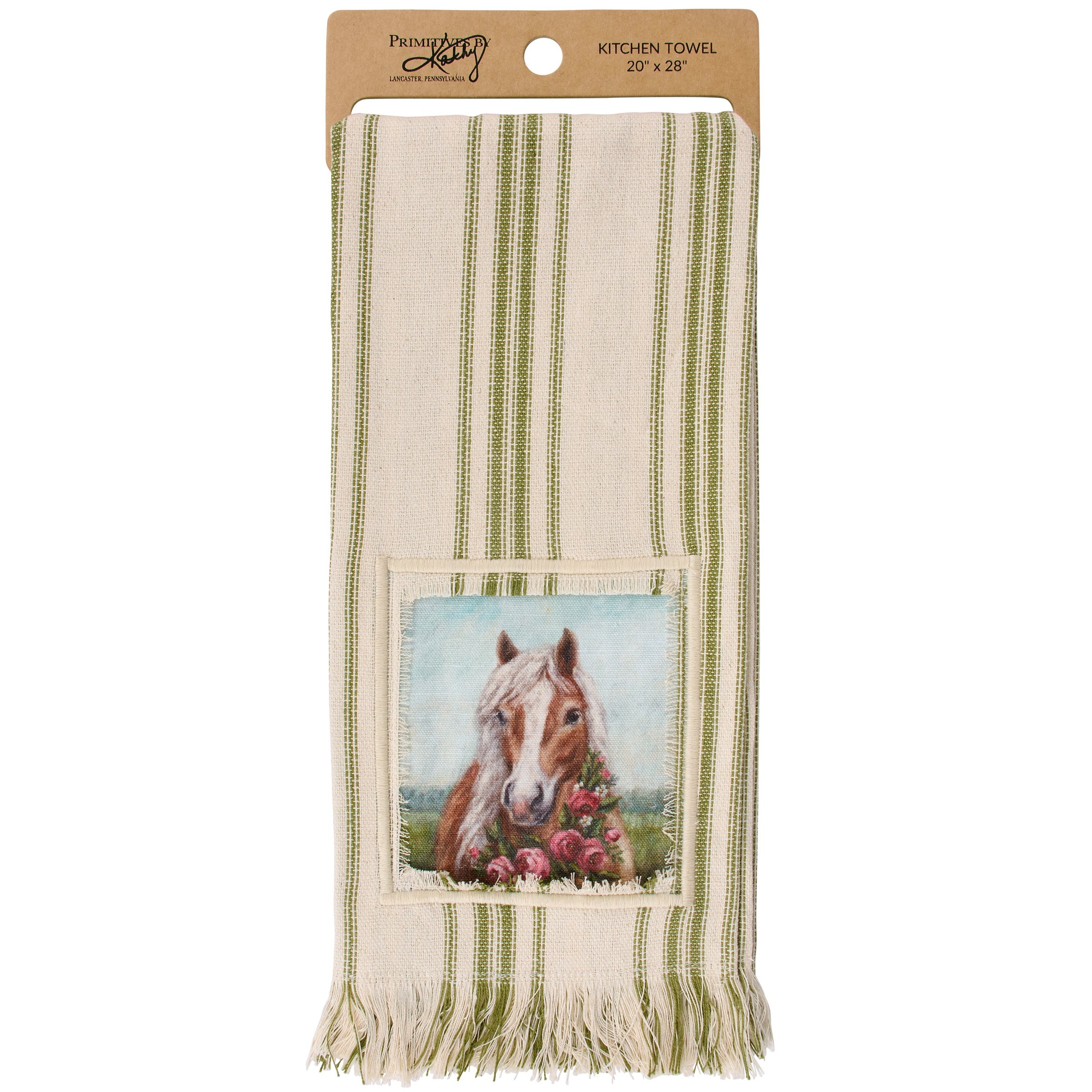 Charming Floral Pony Cotton Kitchen Towel - Rustic Farmhouse Spring Decor