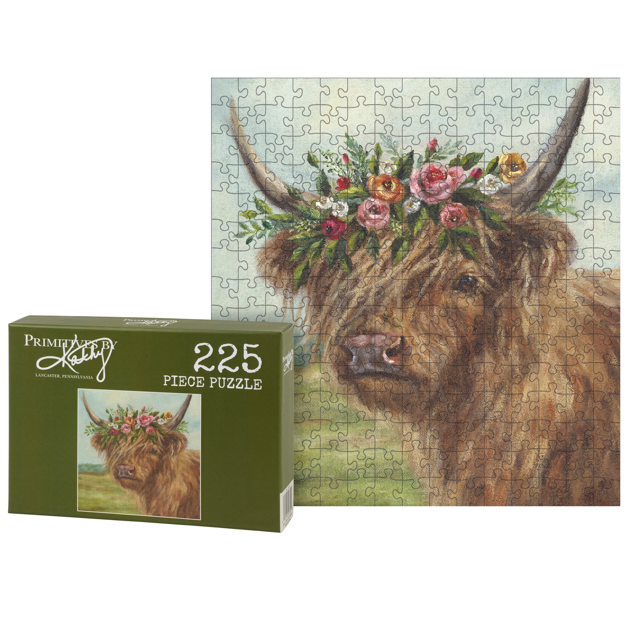 Charming Floral Crown Highland Cow Jigsaw Puzzle - 225 Pieces for Spring Fun