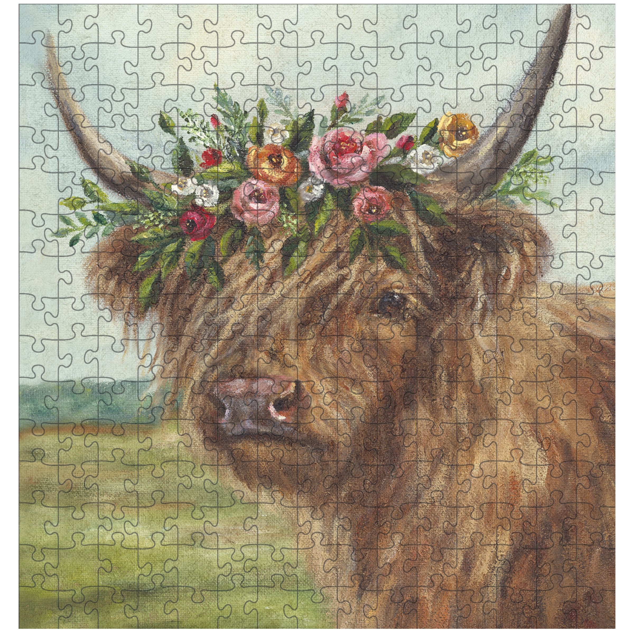 Charming Floral Crown Highland Cow Jigsaw Puzzle - 225 Pieces for Spring Fun