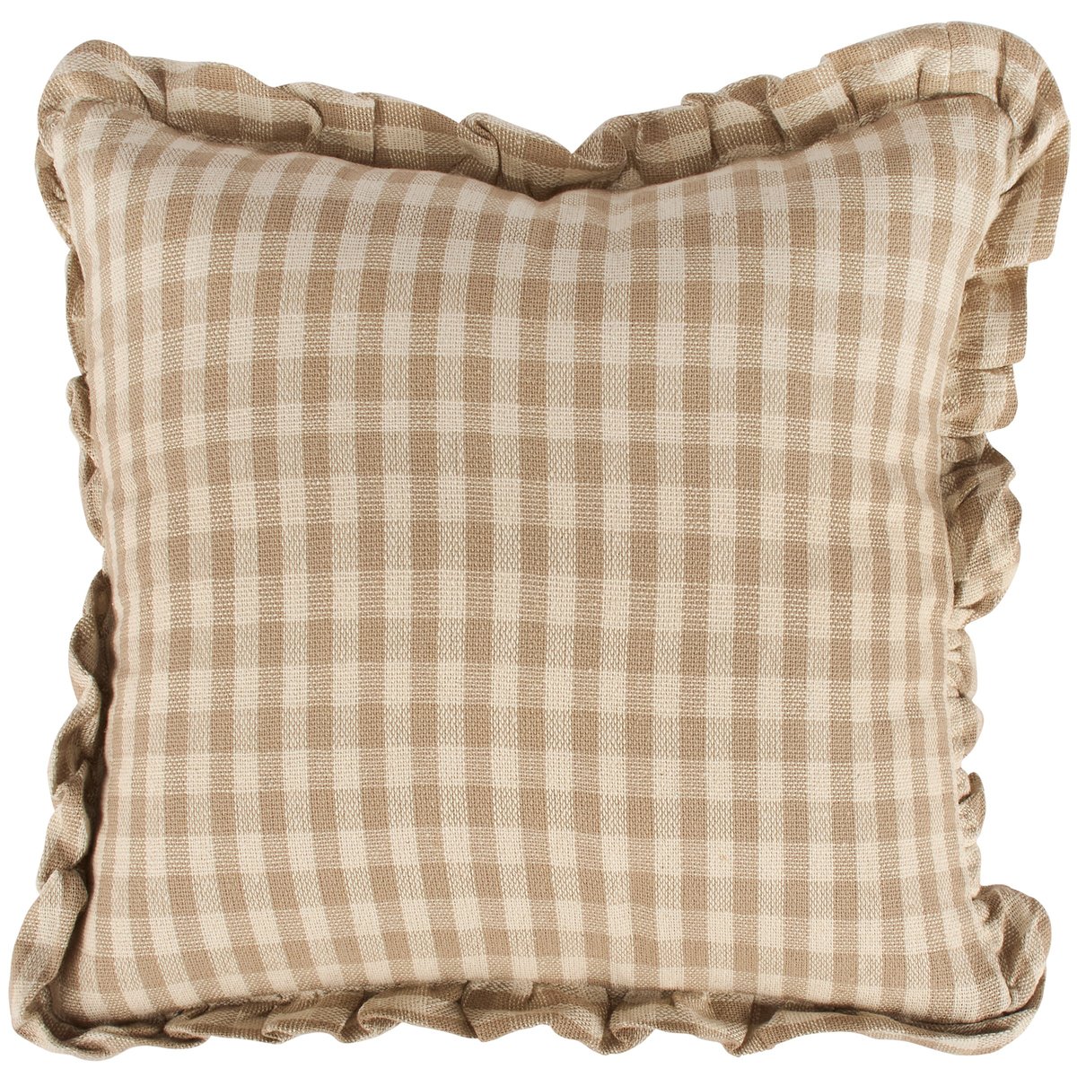 Charming Tan Gingham Decorative Throw Pillow with Ruffled Edges, Cotton Cover