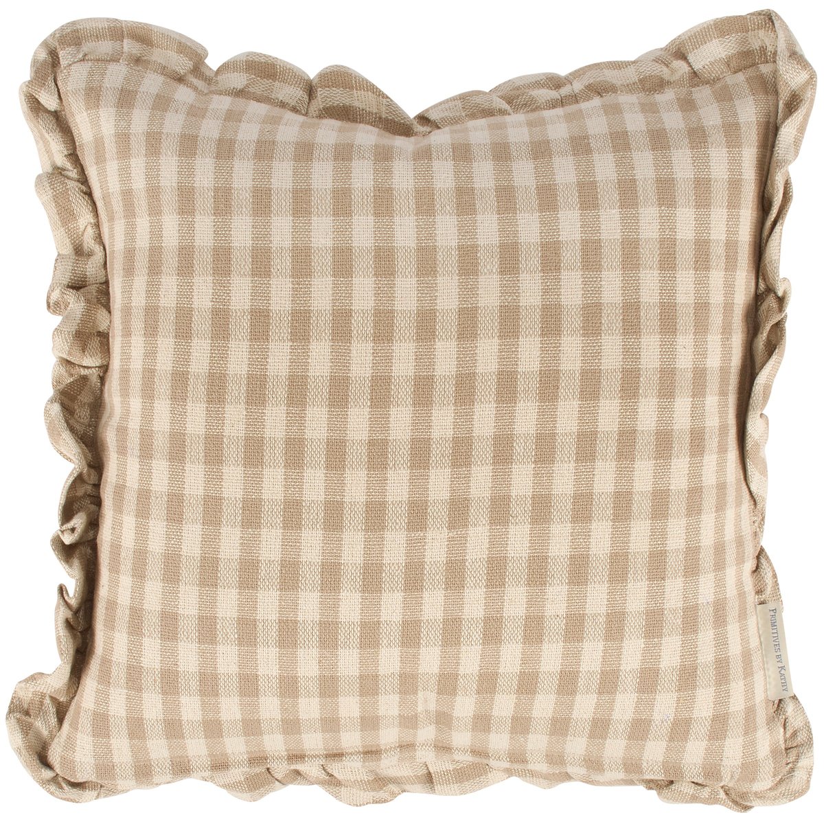 Charming Tan Gingham Decorative Throw Pillow with Ruffled Edges, Cotton Cover